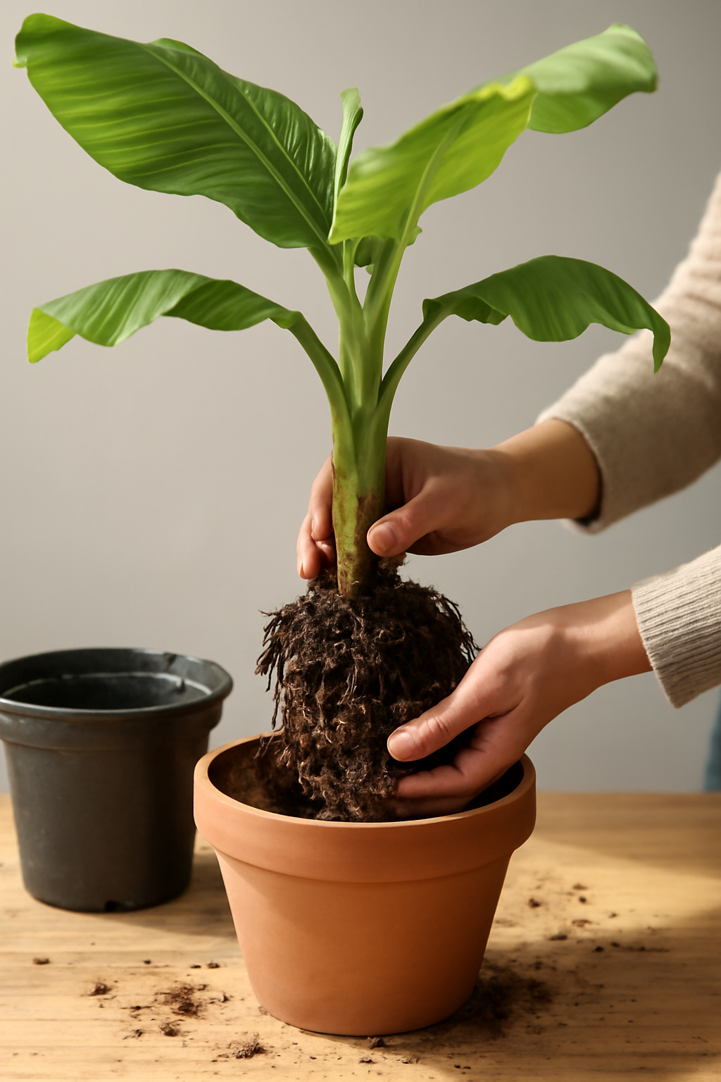 Egy banánfa átültetése folyamatban, friss zöld levelekkel és gyökerekkel.