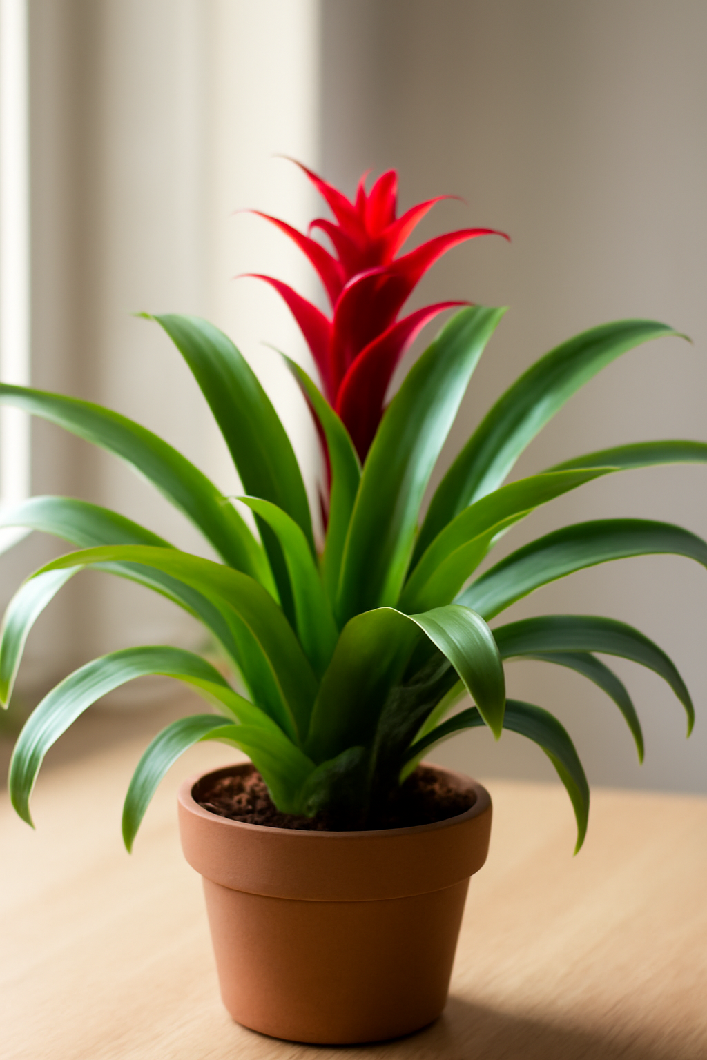 Egy díszes bromélia virág, élénk piros virágzattal és zöld levelekkel.