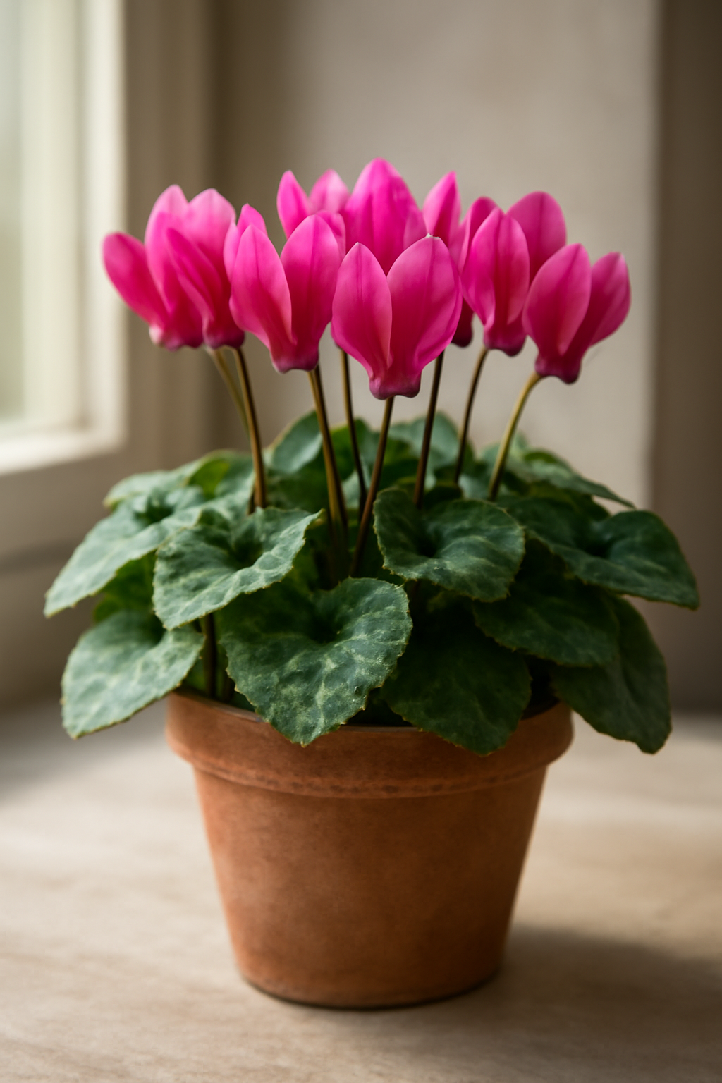 Egy csodás ciklámen virágcserépben, élénk rózsaszín virágokkal és zöld levelekkel.