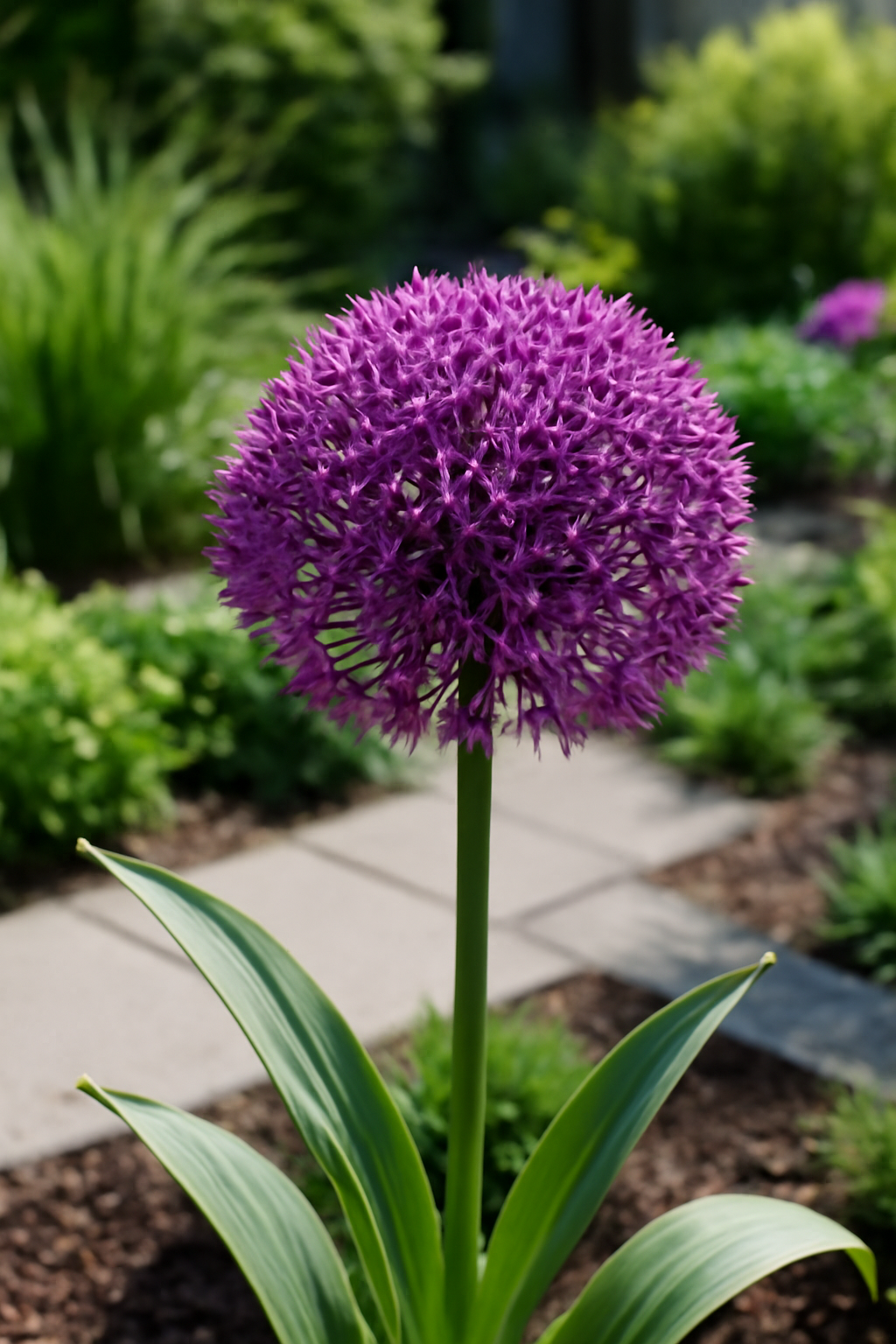 Egy díszhagyma virág, gömb alakú, élénk lila színű virágzattal, zöld levelekkel.