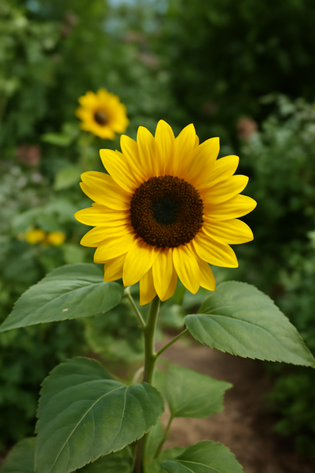 Egy dísznapraforgó élénk sárga virágja zöld levelekkel, háttérben más virágokkal.