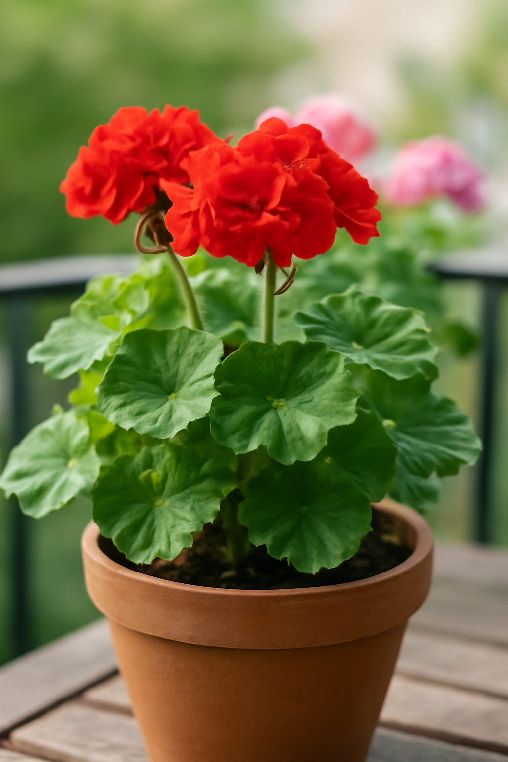 Piros muskátli virágok zöld levelekkel egy cserépben, erkélyen.