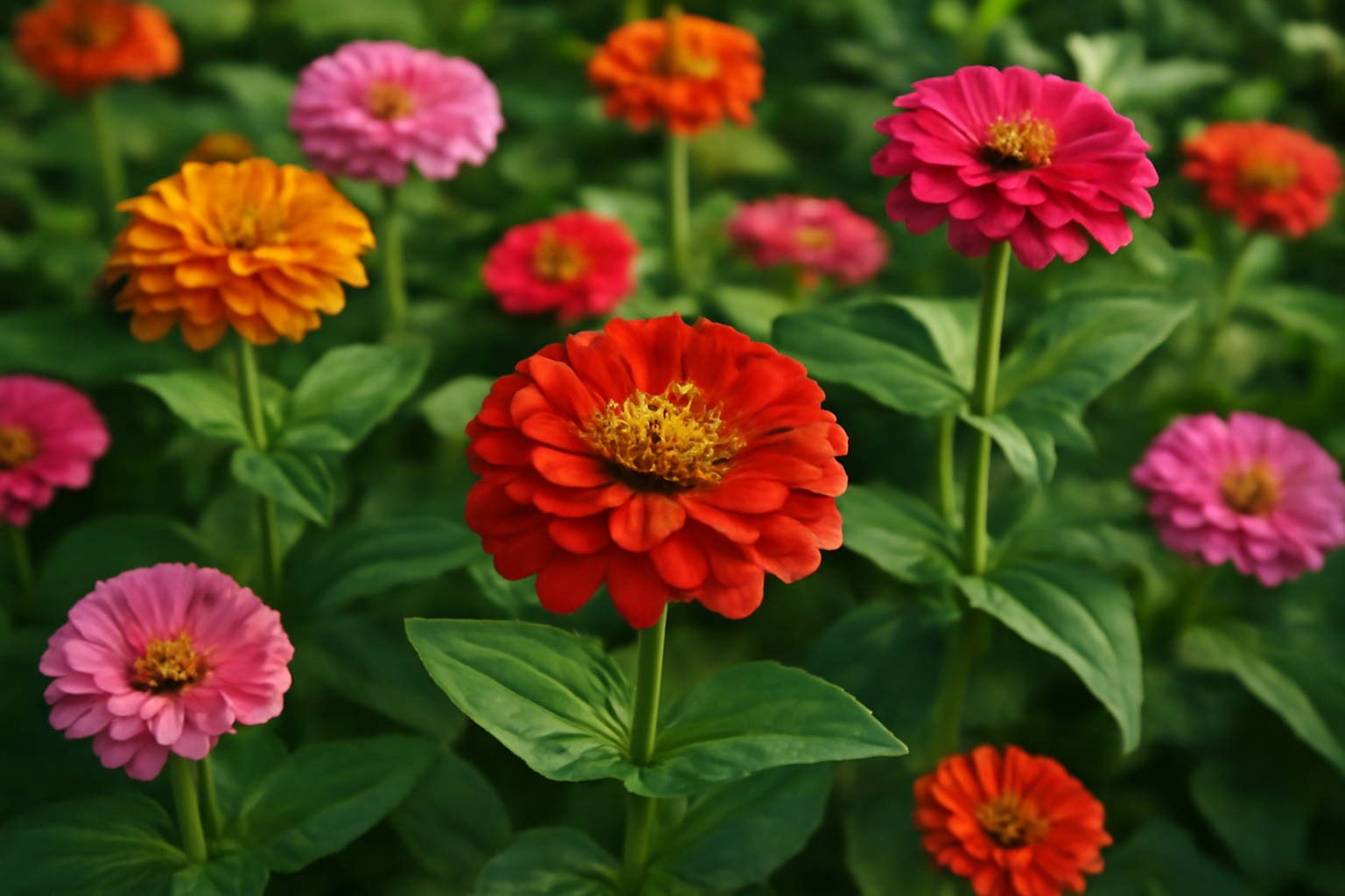 Színes zinnia virágok csoportja, különböző árnyalatokban, zöld levelek között.