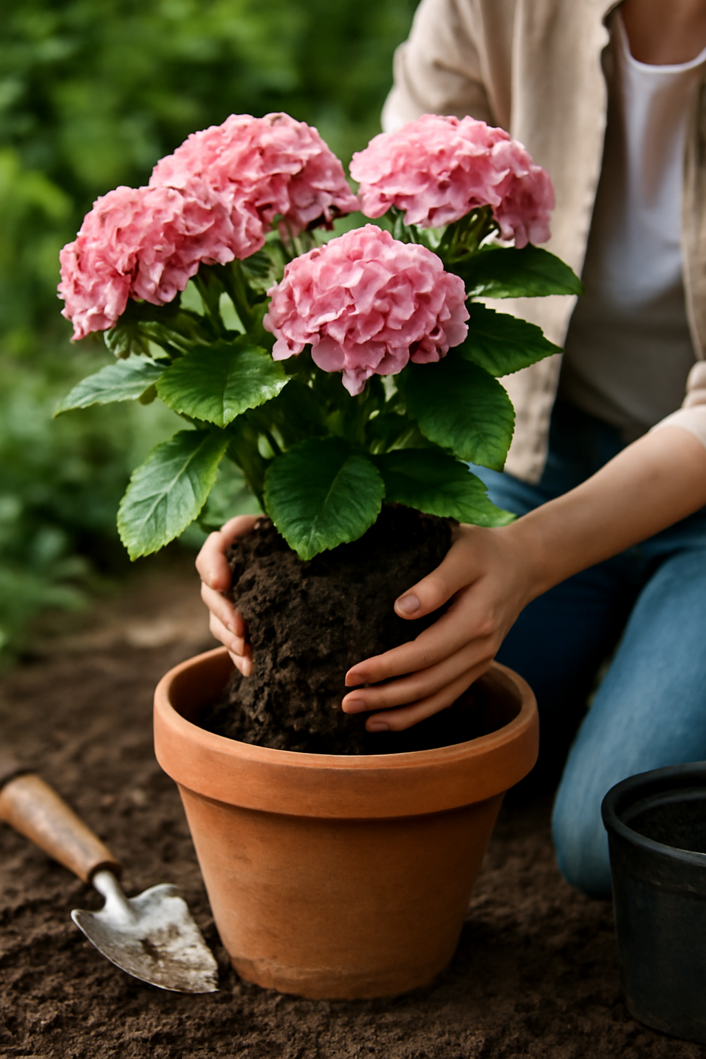 Hortenzia átültetése, rózsaszín virágokkal, földdel teli cserépben.
