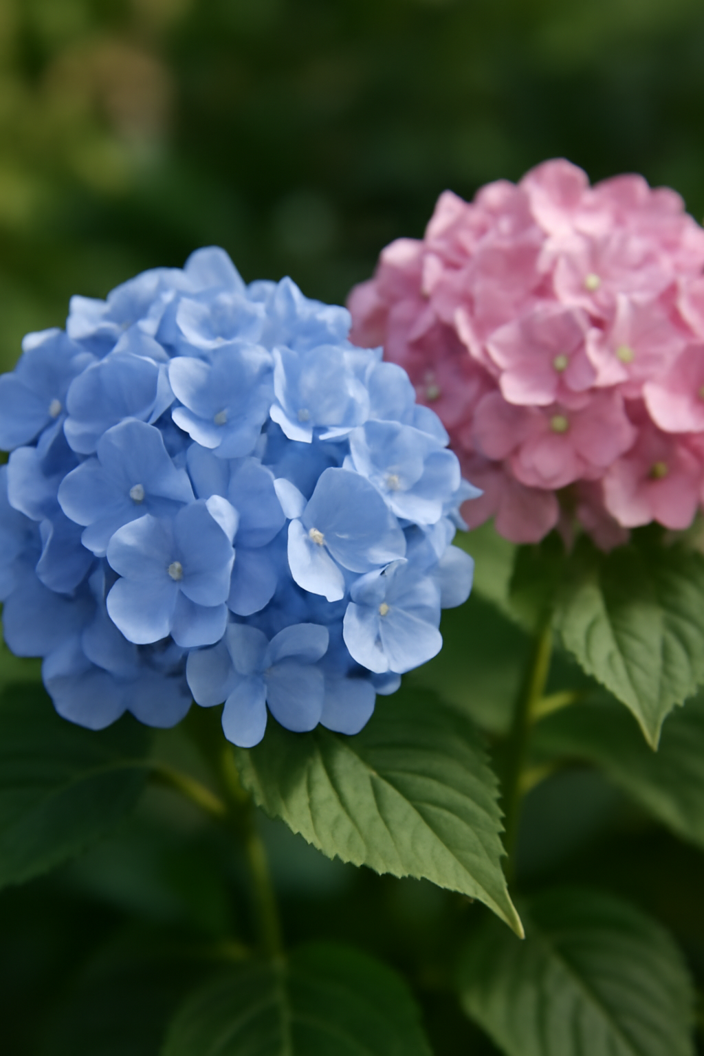 Kék és rózsaszín hortenzia virágok, zöld levelekkel körülvéve.
