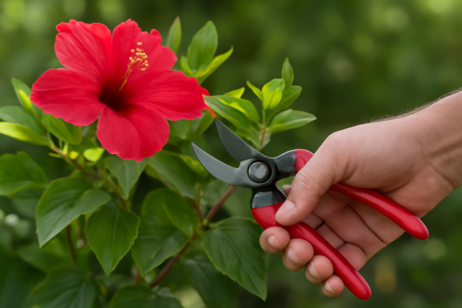 Egy kéz metszőollót tart, miközben egy piros hibiszkusz virágot metszenek.