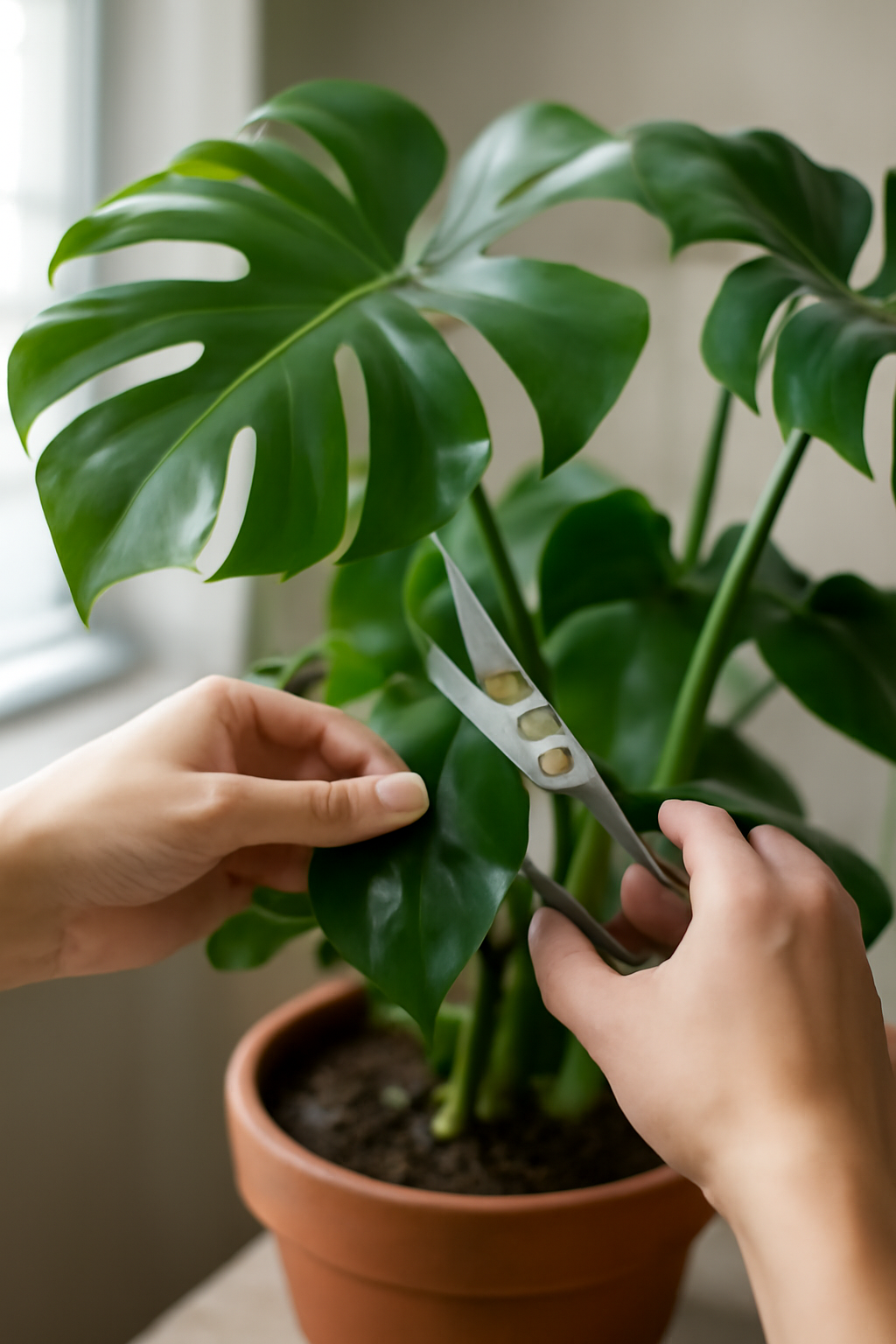 Két kéz metszőollóval vágja a Monstera leveleit egy cserépben.