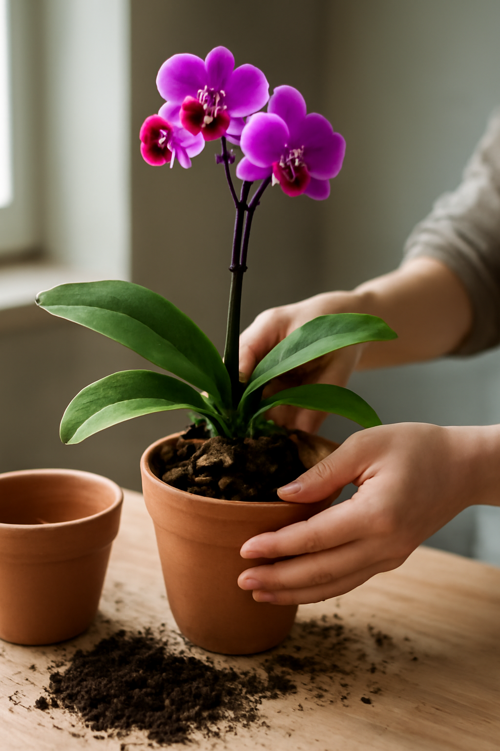 Egy orchidea átültetése, friss virágok és zöld levelek láthatók.