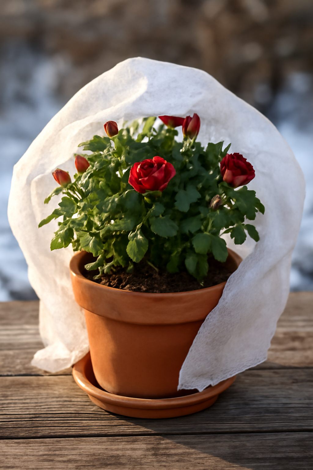 Törpe rózsa cserépben, fehér takaróval védve a téli fagy ellen.
