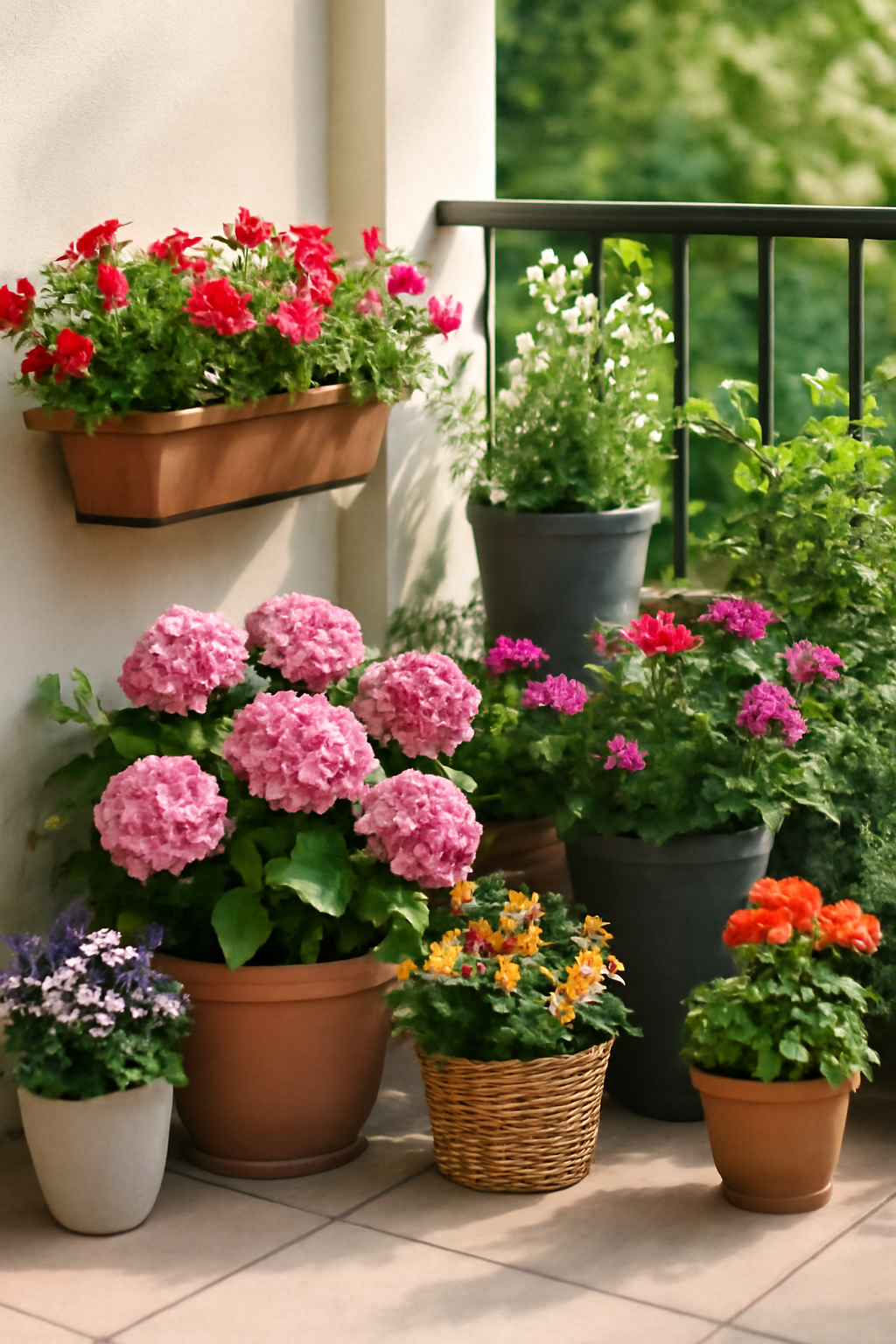 Színes virágokkal teli balkon, különböző növények cserépben és virágtartóban.