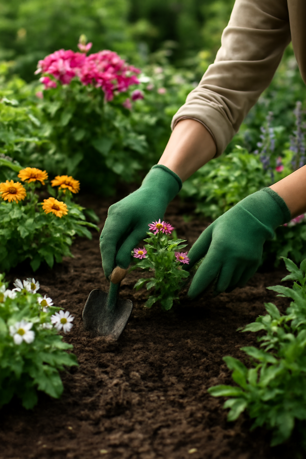 Kezdő kertész virágokat ültet a földbe, zöld kesztyűben.