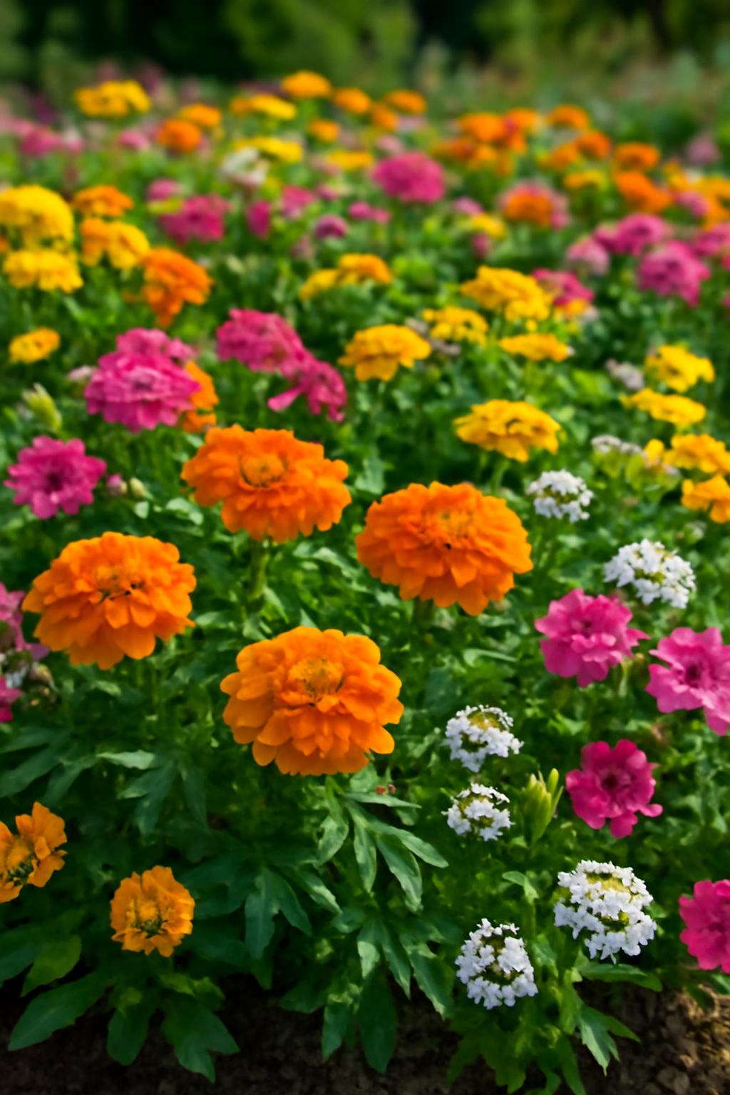 Színes egynyári virágok, mint a sárga, narancs és rózsaszín virágok, díszítik a kertet.