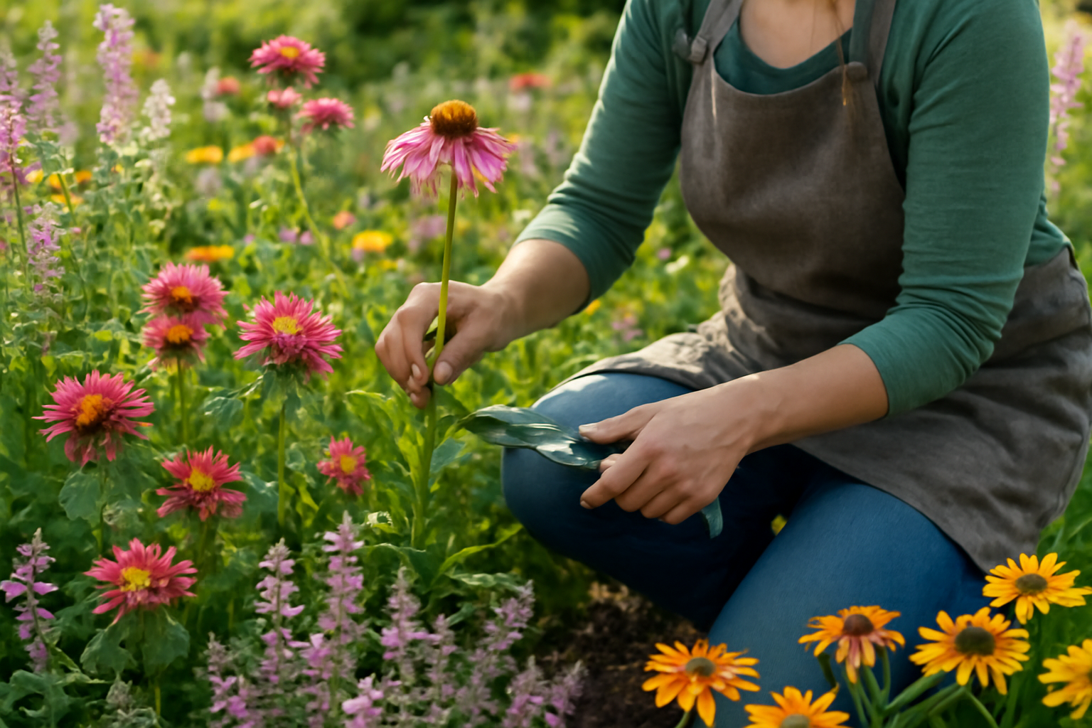 Egy nő évelő virágokat gondoz a kertben, színes virágok között.