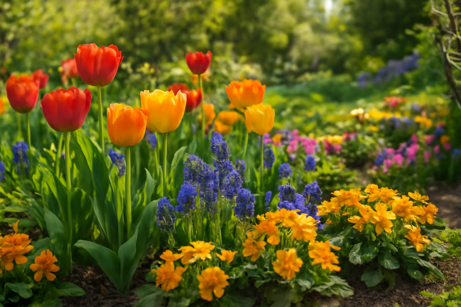 Színes tavaszi virágok, köztük tulipánok és kék virágok, virágágyásban.