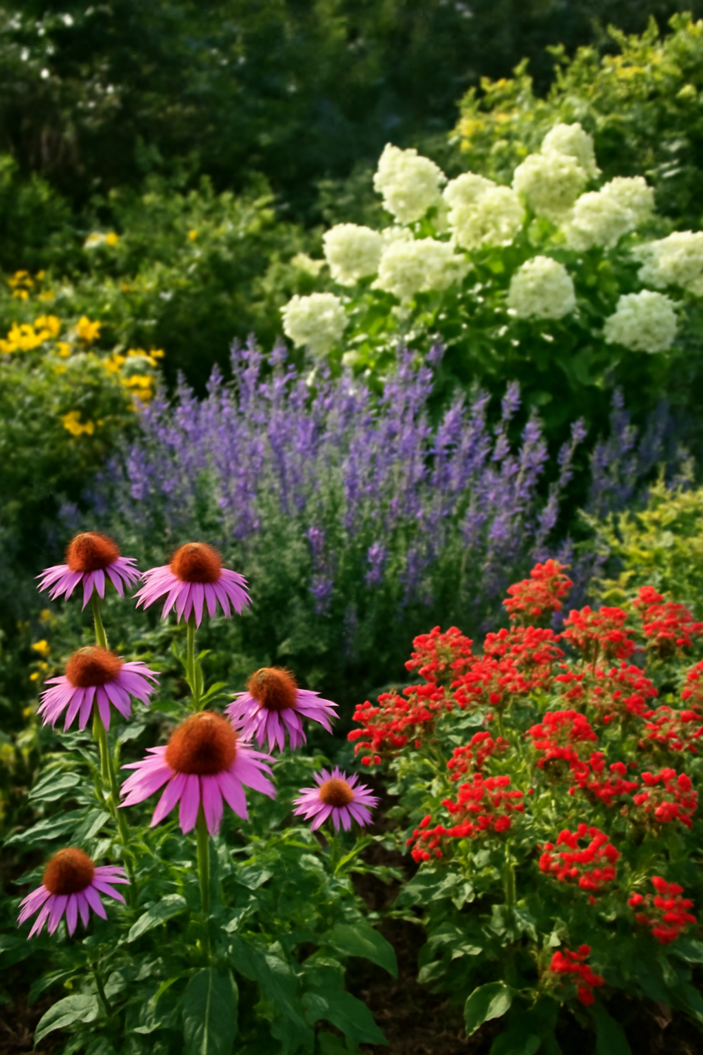 Színes virágok, köztük rózsaszín echinacea és piros virágok, zöld háttérrel.