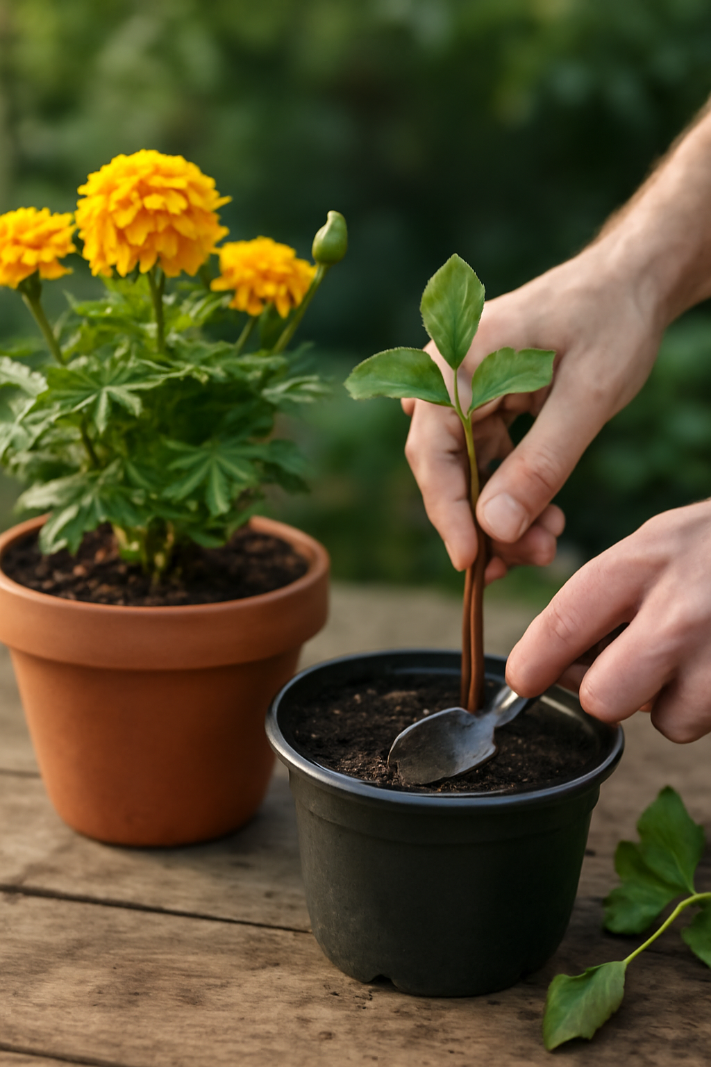 Két virágcserép látható, az egyikben sárga virágok, a másikban dugvány ültetése folyik.