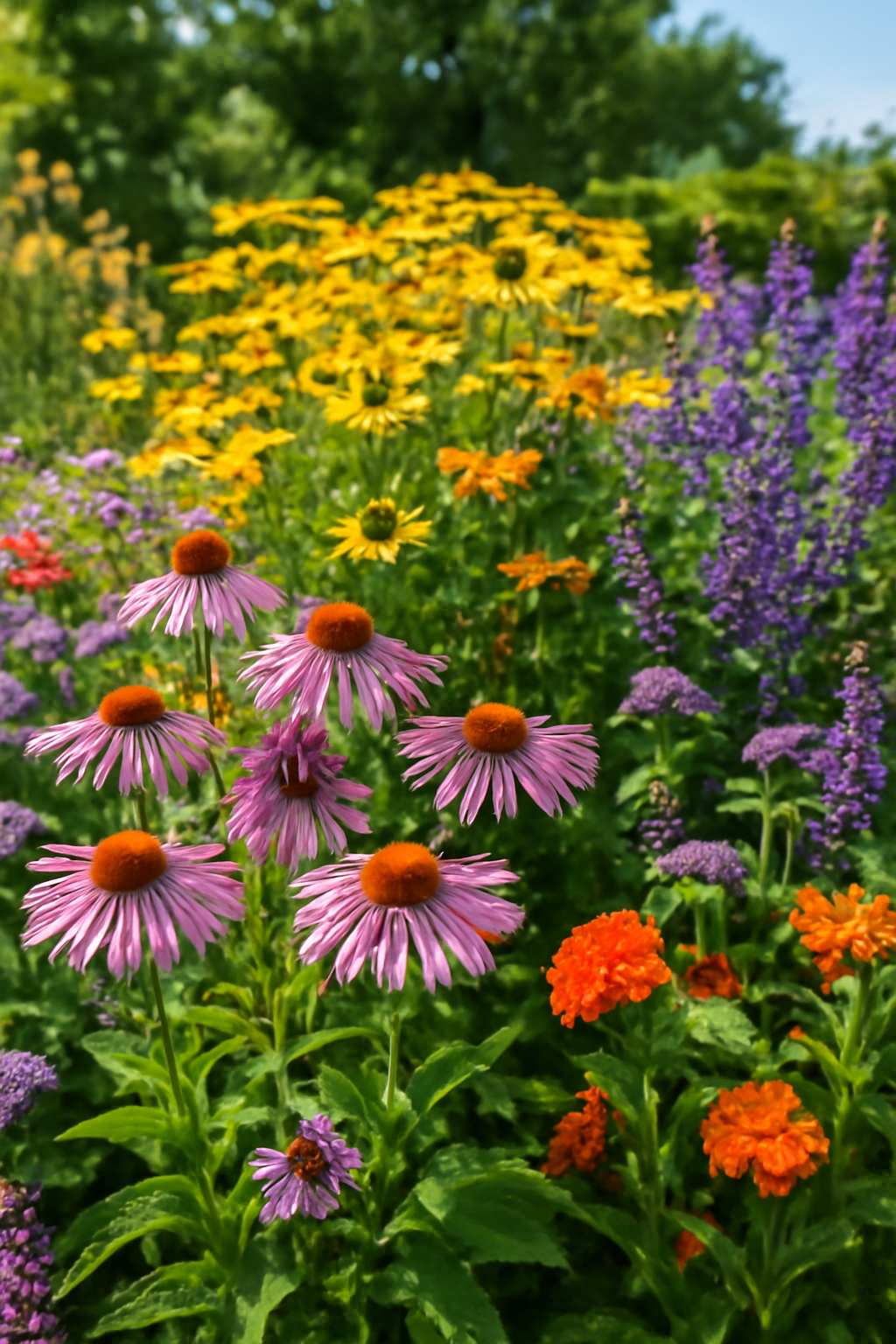 Színes kerti virágok, köztük rózsaszín és sárga virágok, zöld levelek között.