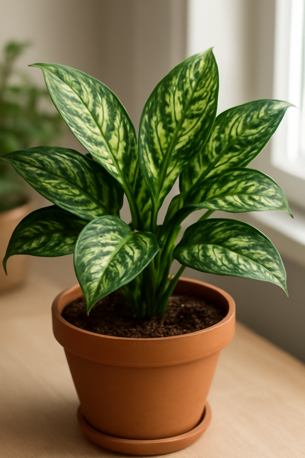 Zöld, mintás levelekkel rendelkező Aglaonema szobanövény terrakotta cserépben.