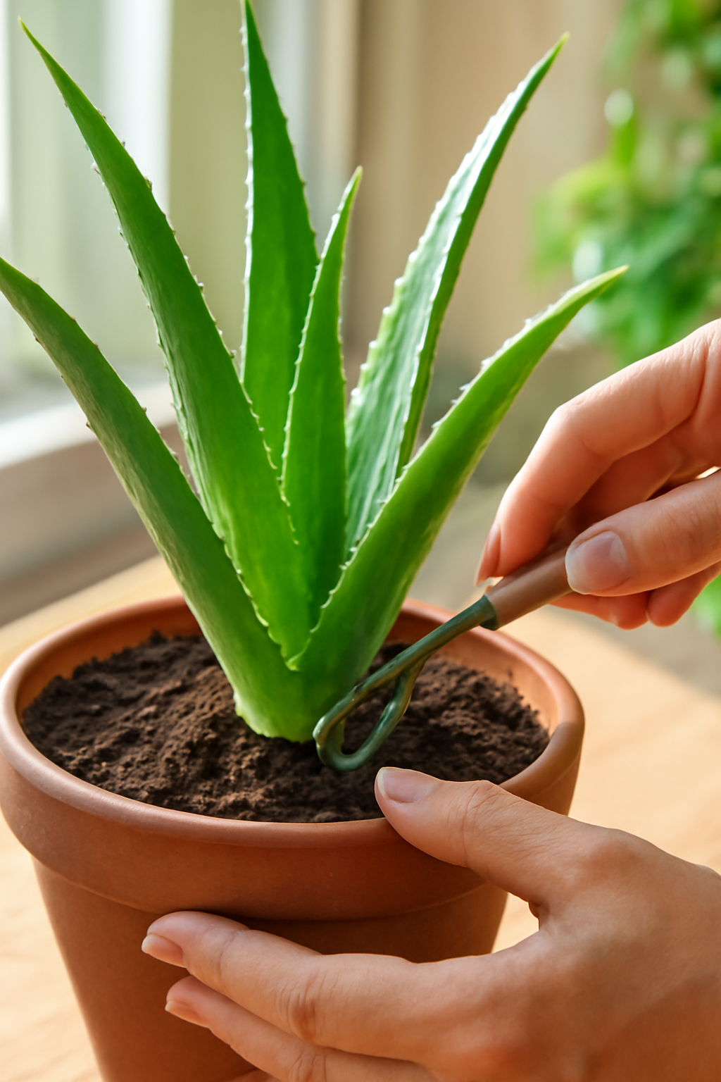 Aloe vera növény gondozása, a földet ápoló kéz látható.