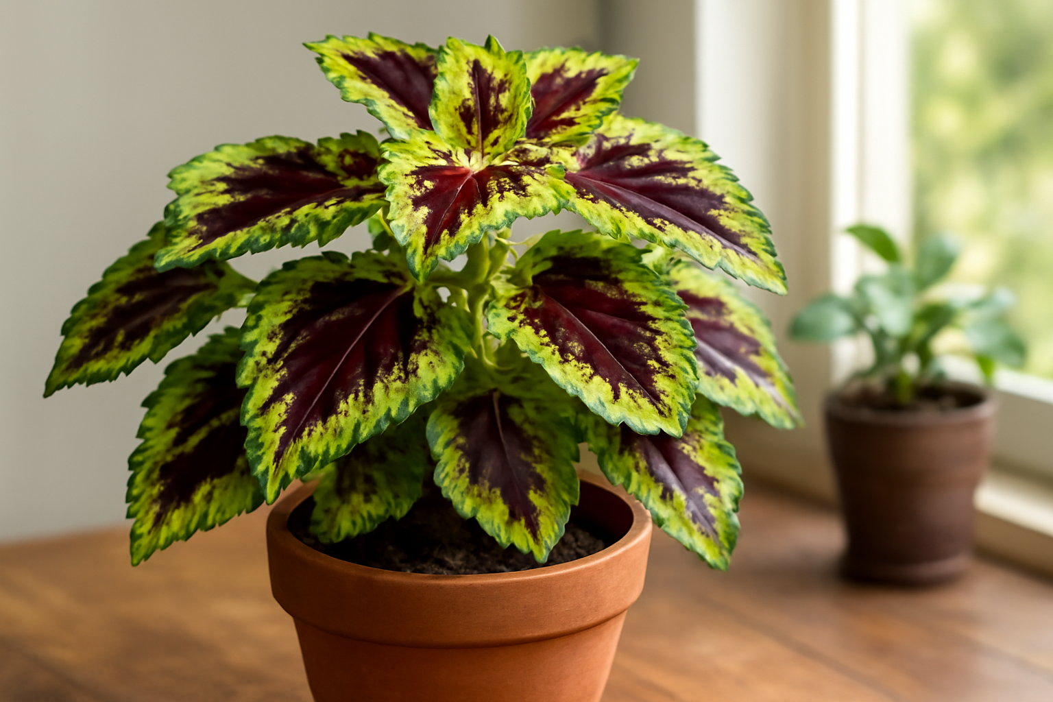 Tarka levelű díszcsalán szobanövény, zöld és bordó levelekkel, cserépben.