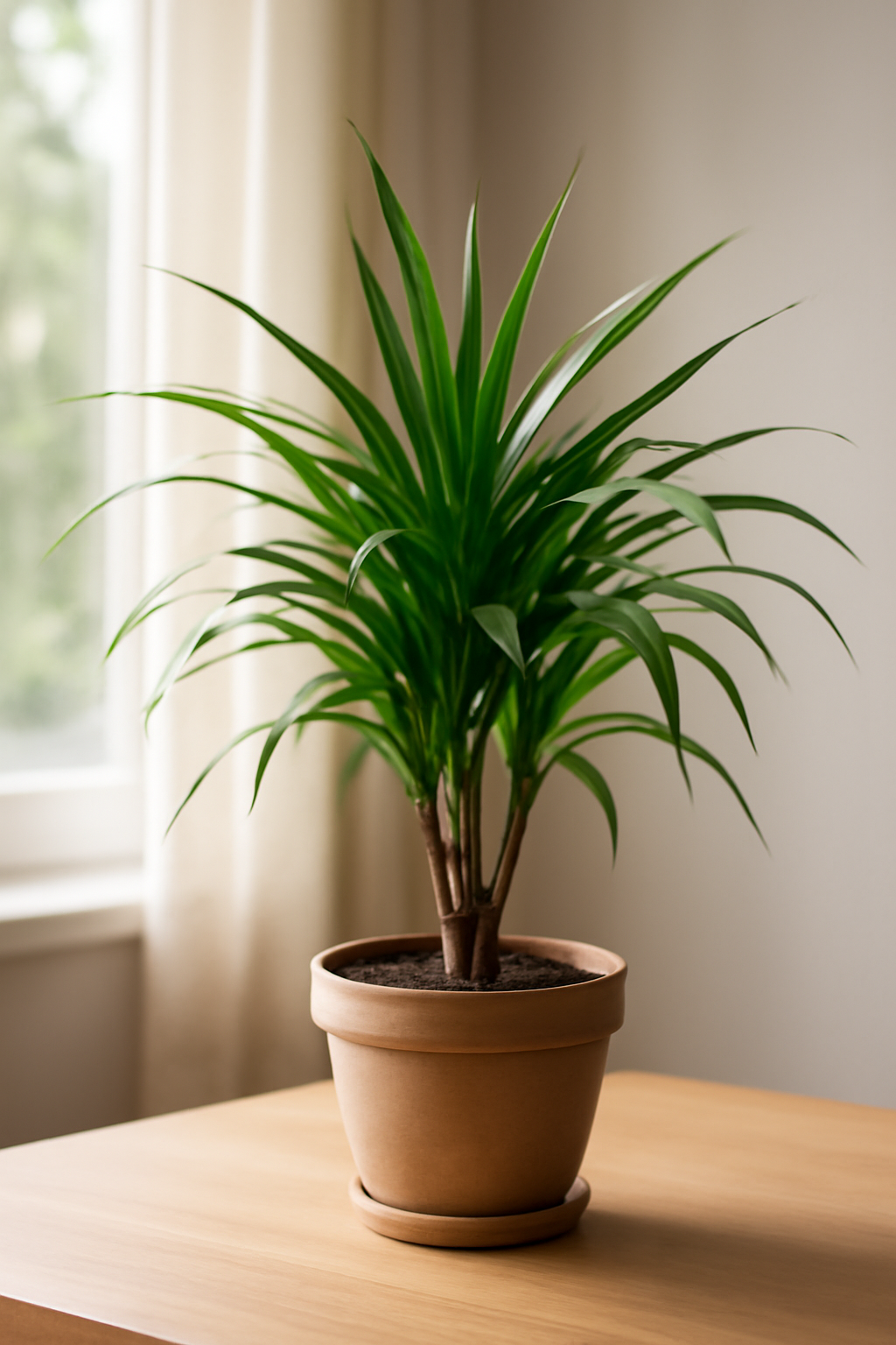 Egy egészséges dracéna szobanövény, zöld levelekkel, cserépben.