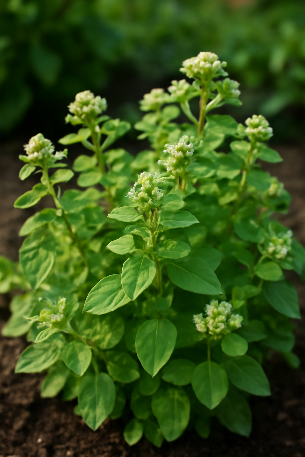 Zöld majoranna növény virágzó hajtásokkal, egészséges levelekkel.