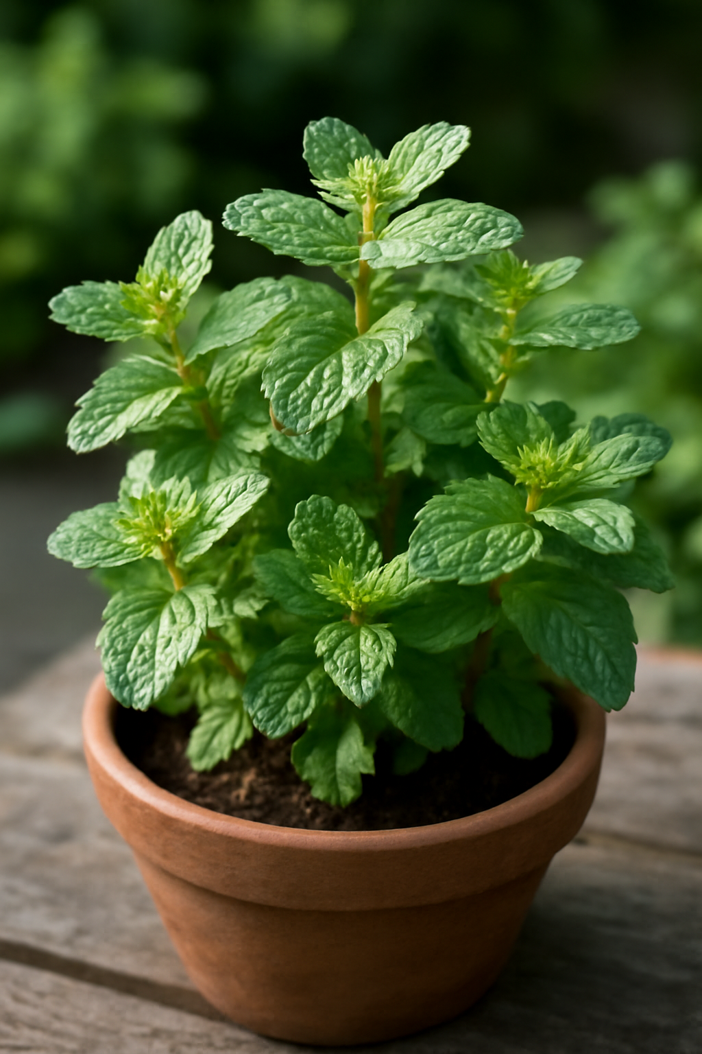 Friss menta növény zöld levelekkel, terrakotta cserépben, napfényben.