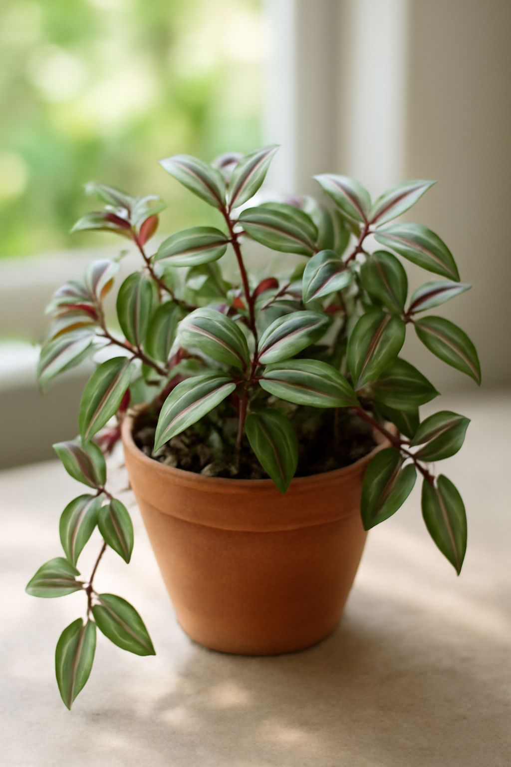 Zöld levelekkel és piros csíkkal díszített futóka szobanövény egy terrakotta cserépben.
