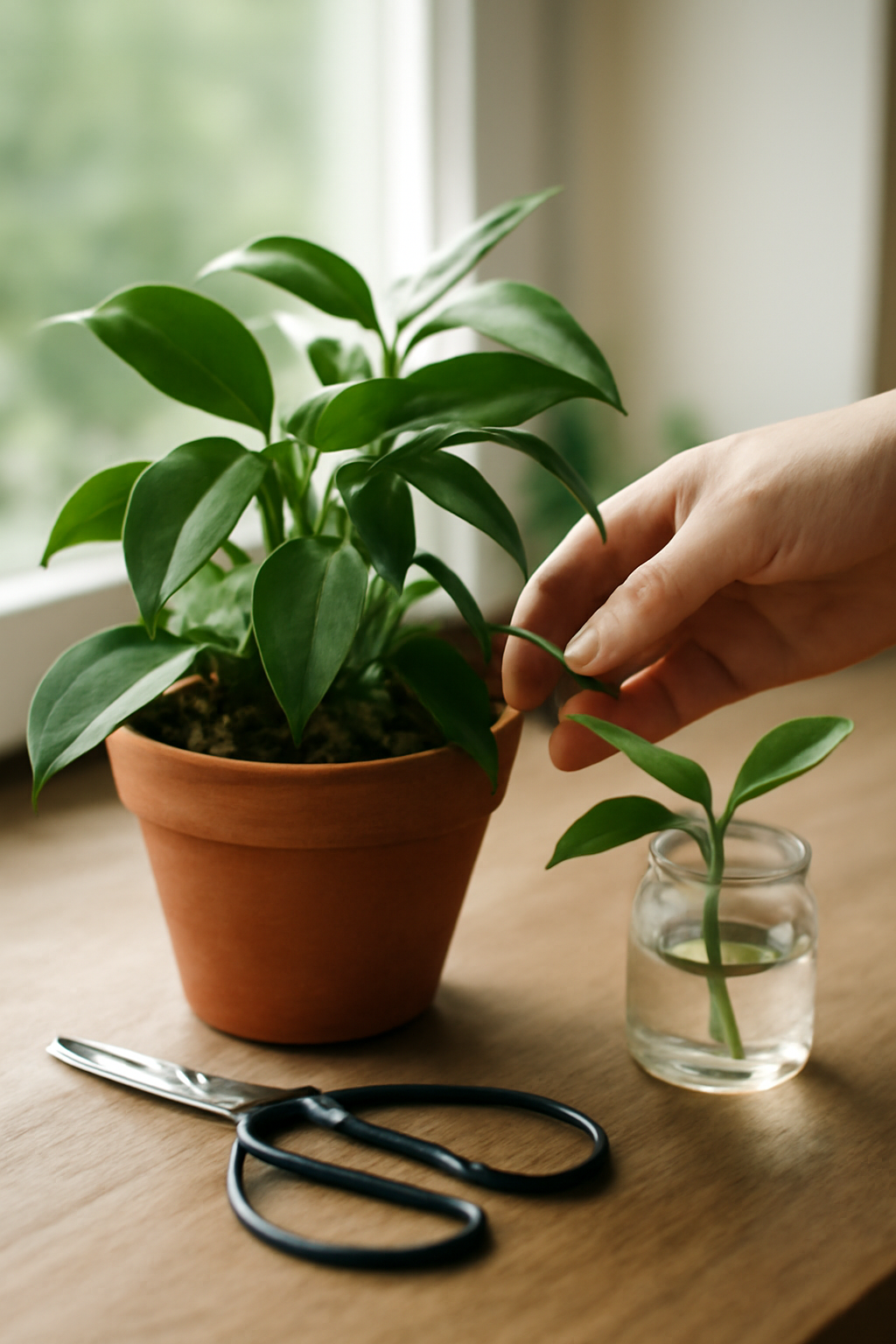 Egy Hoya növény, amelyet éppen szaporítanak, mellette vízben álló hajtás.