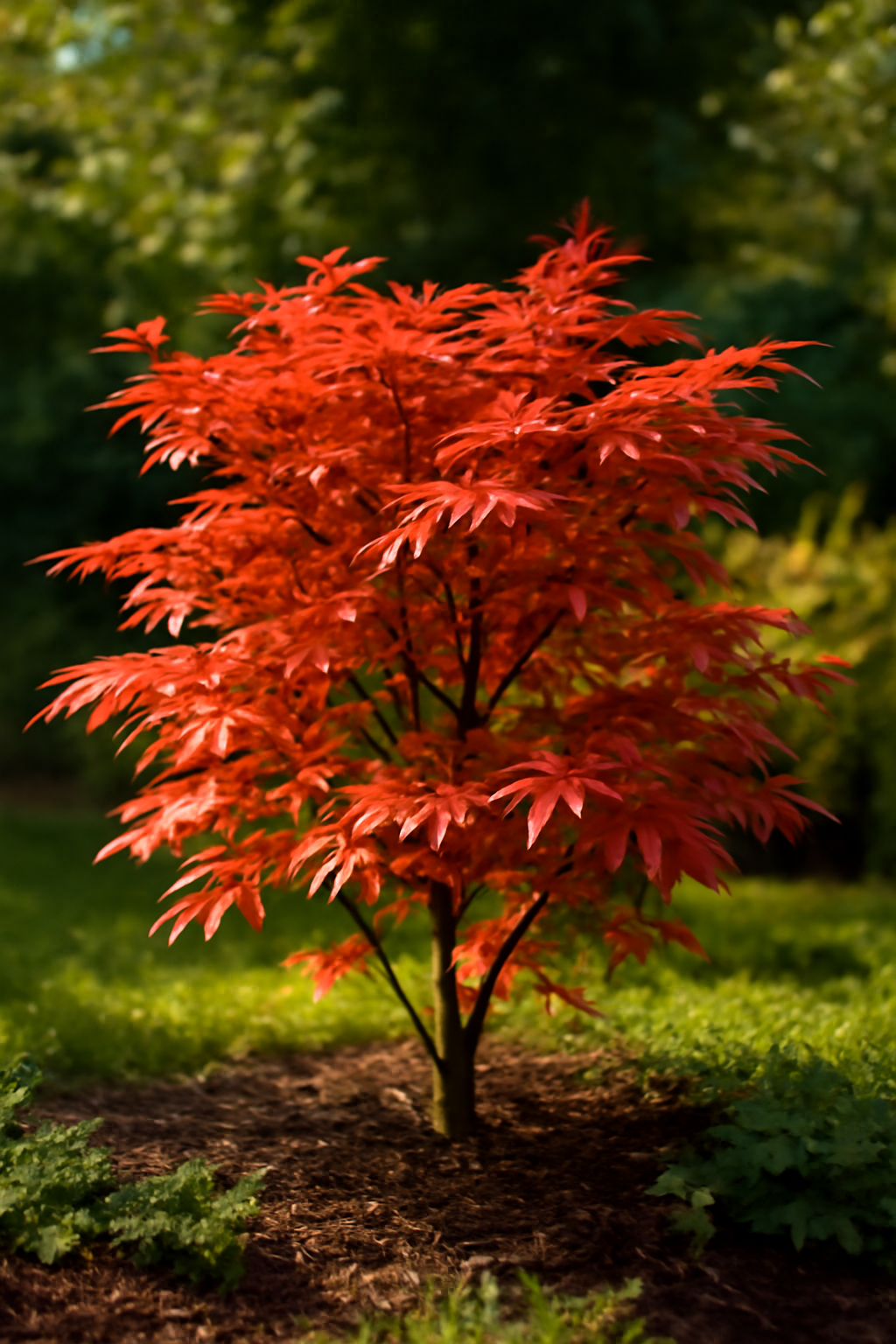 Egy élénkpiros japán juharfa a kertben, dús zöld háttérrel.