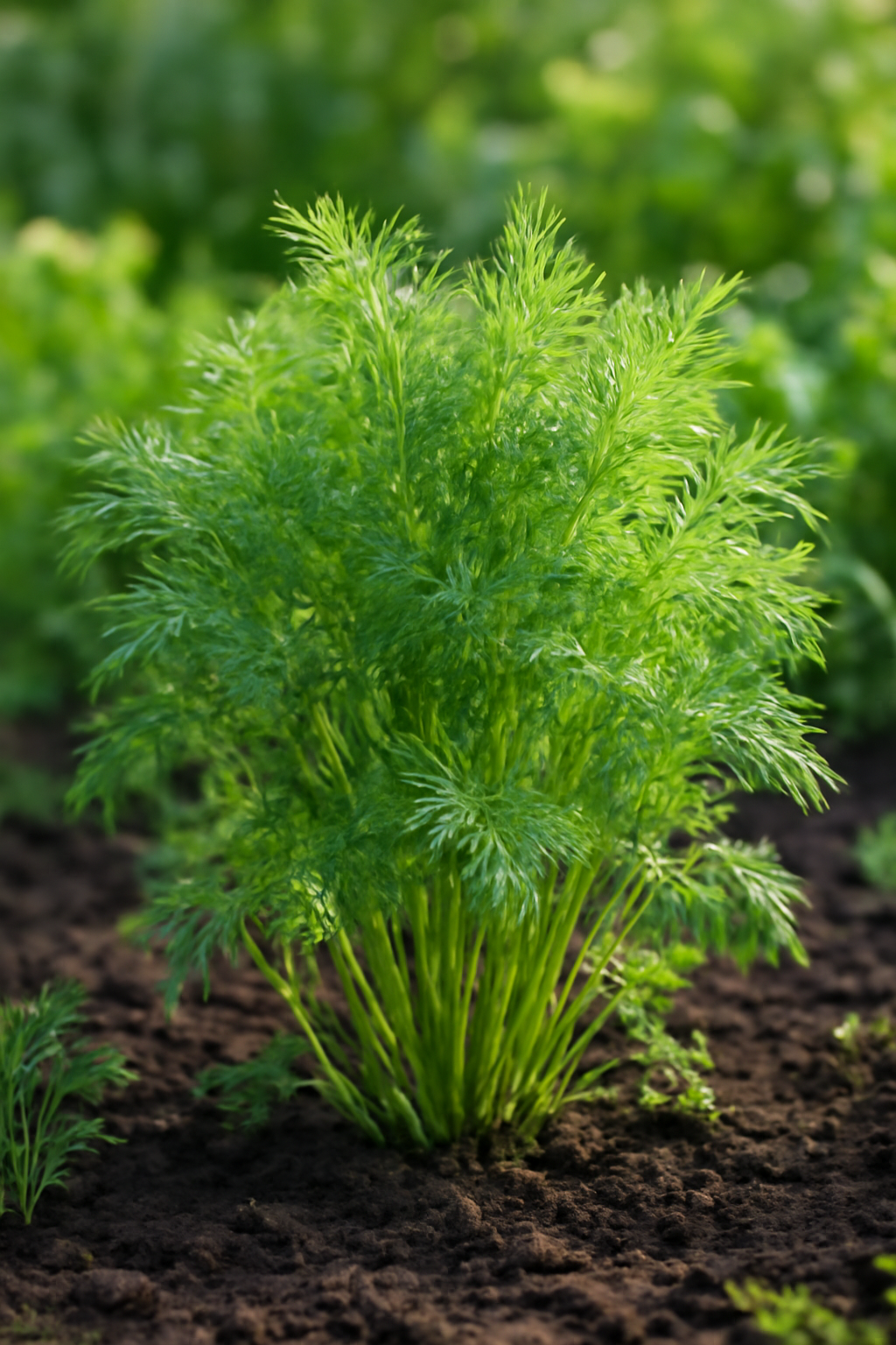 Friss kapor növény, zöld levelekkel, konyhakertben, termőföldön.