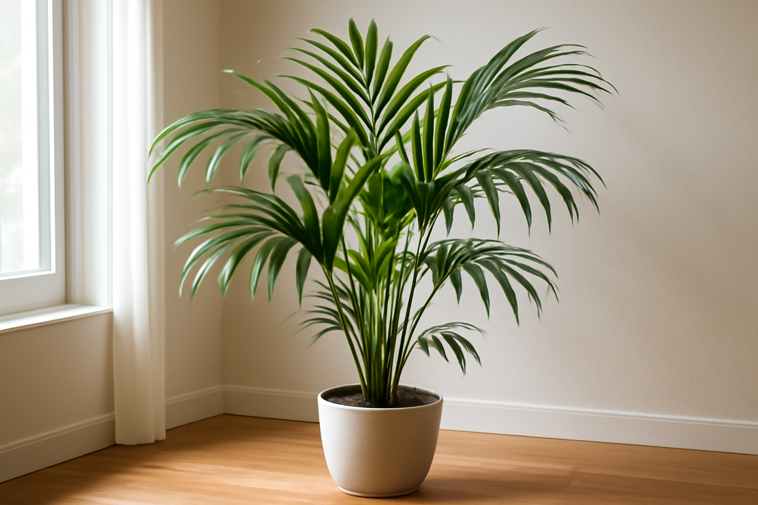 Egy kentia pálma zöld levelei díszítik a szobát, elegáns cserépben.