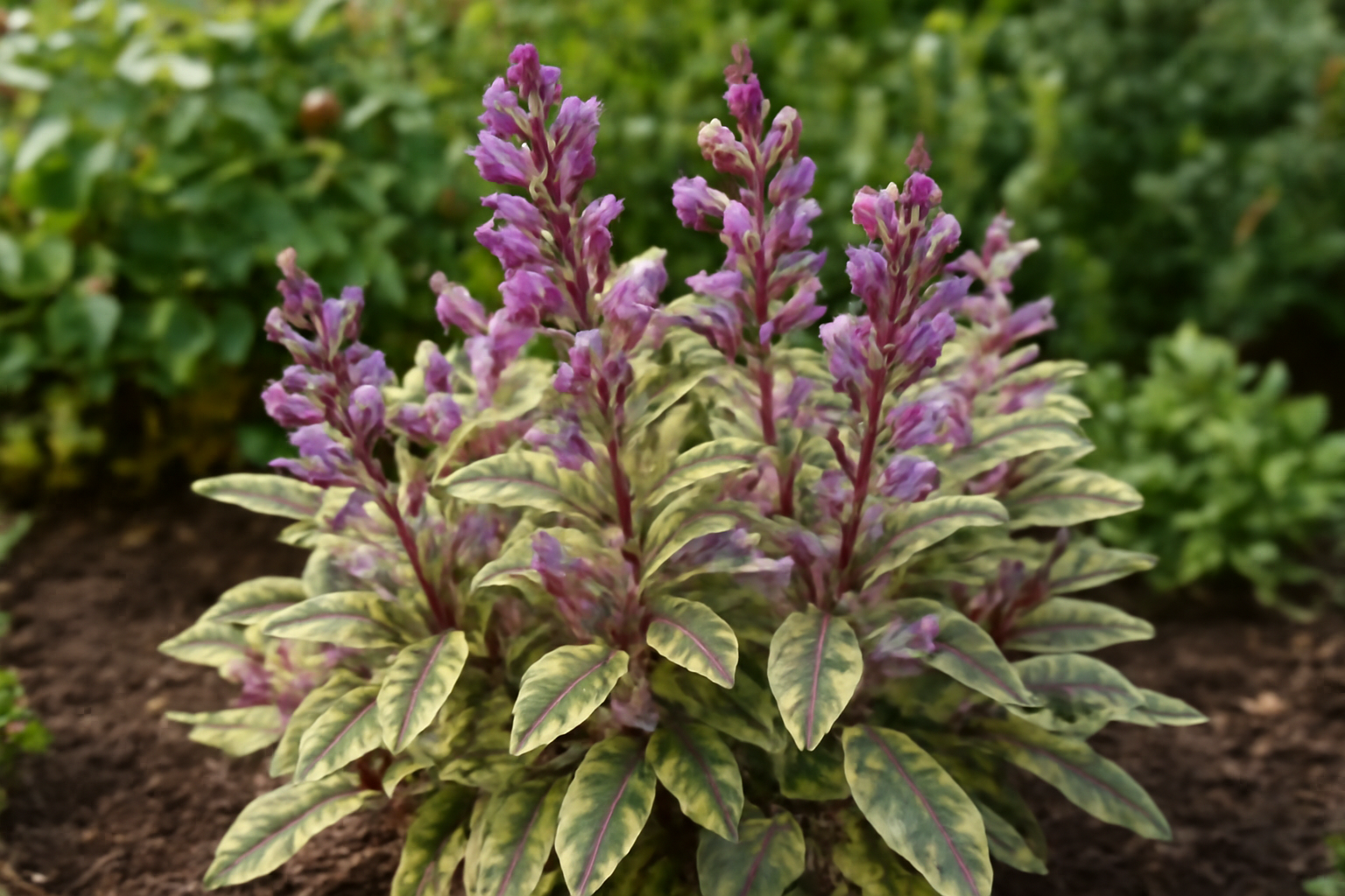 A kerti zsálya díszváltozata, lila virágokkal és színes levelekkel.