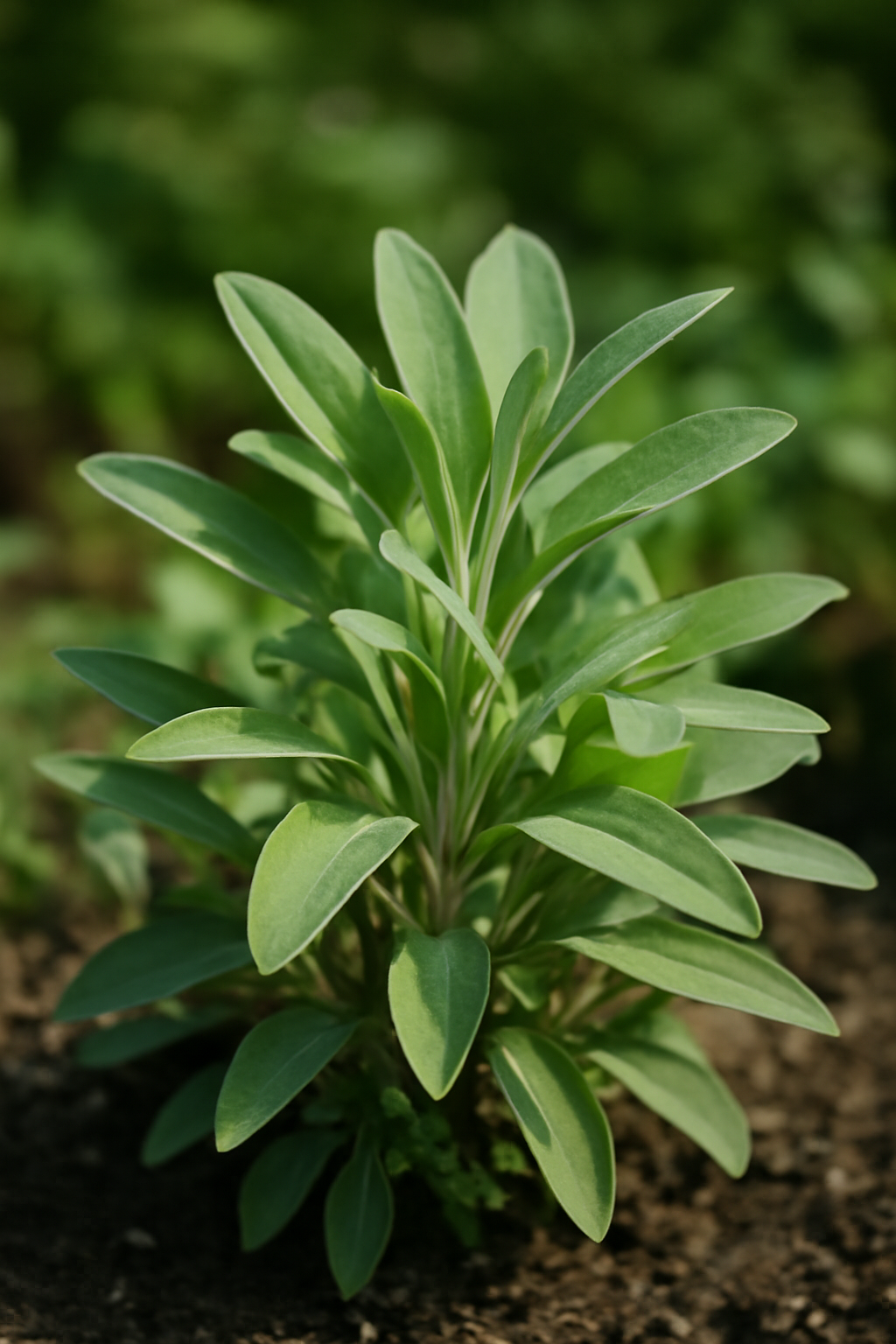 Friss kerti zsálya növény, zöld levelekkel, a talajban ültetve.