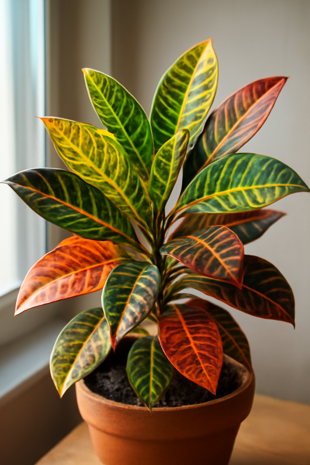 Színes levelekkel rendelkező kroton növény egy cserépben, világos háttér előtt.