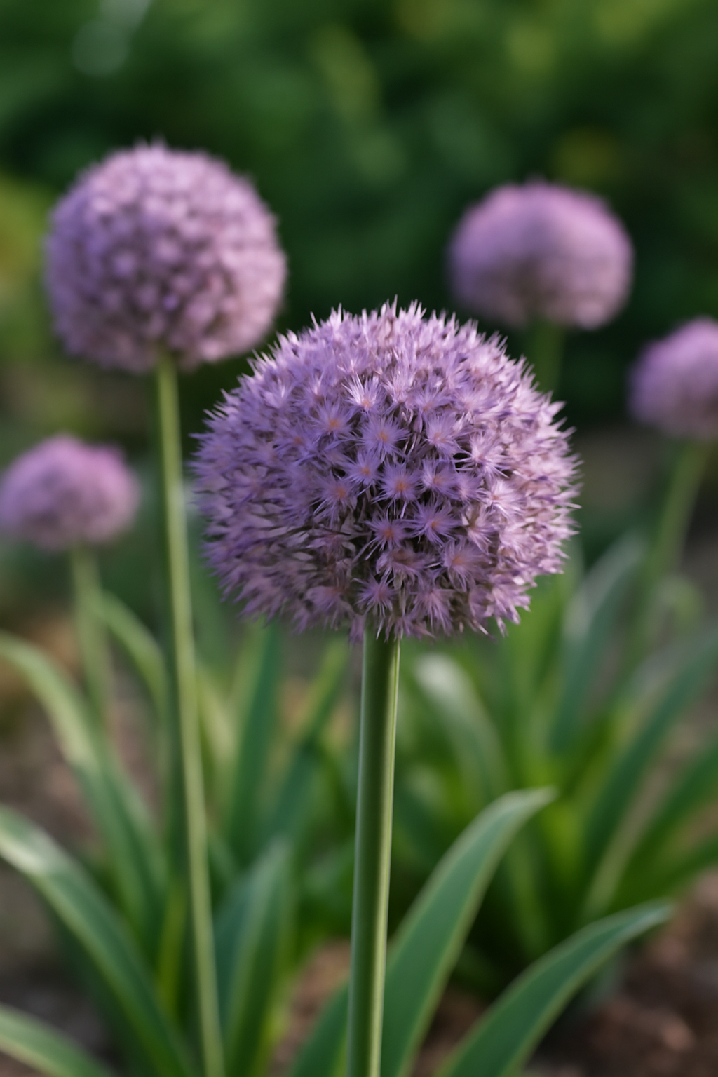 Lila díszhagyma virágok állnak egy zöld háttér előtt, szép gömb alakú virágzatukkal.