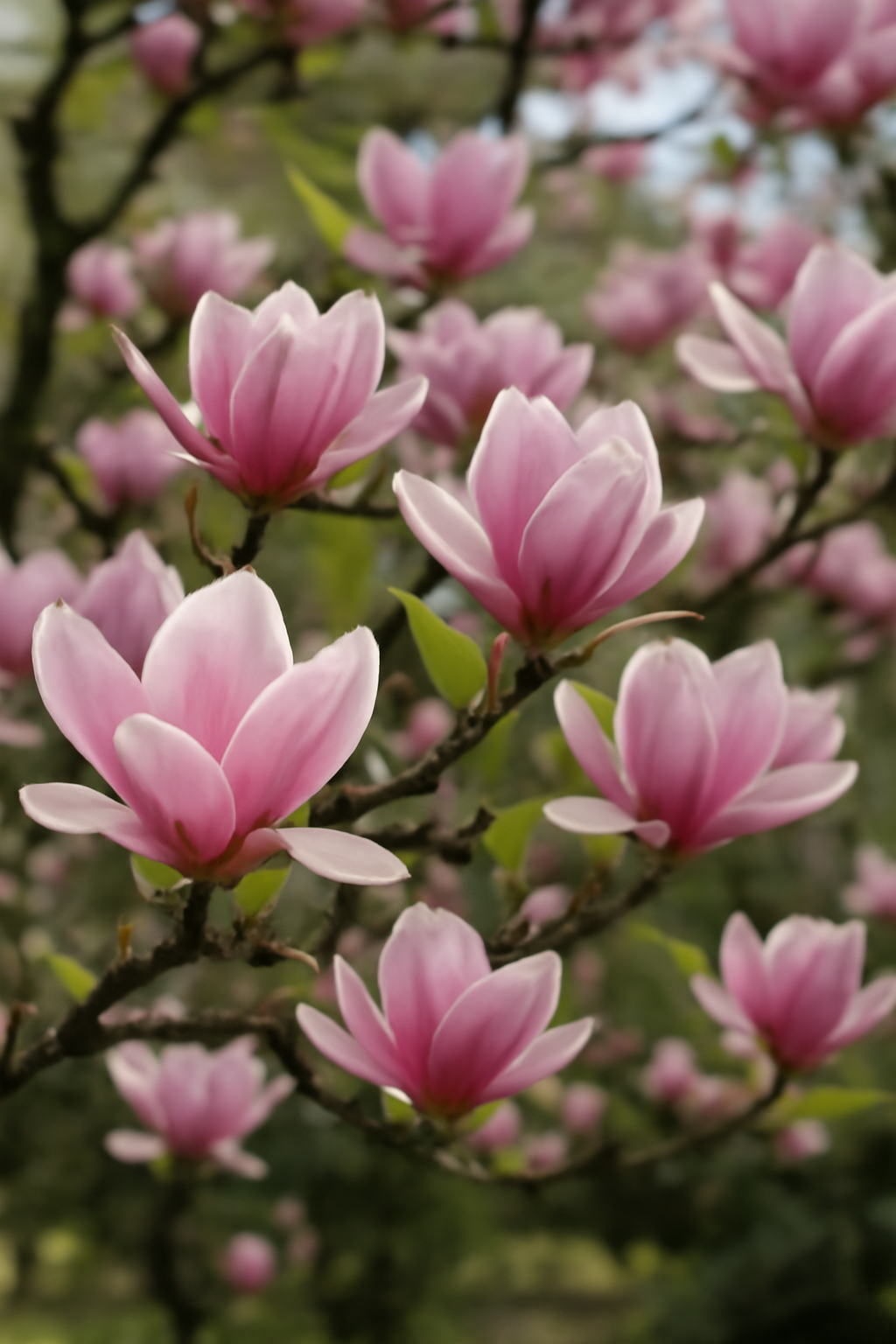 Rózsaszín magnólia virágok nyílnak egy ágon, tavaszi időszakban.