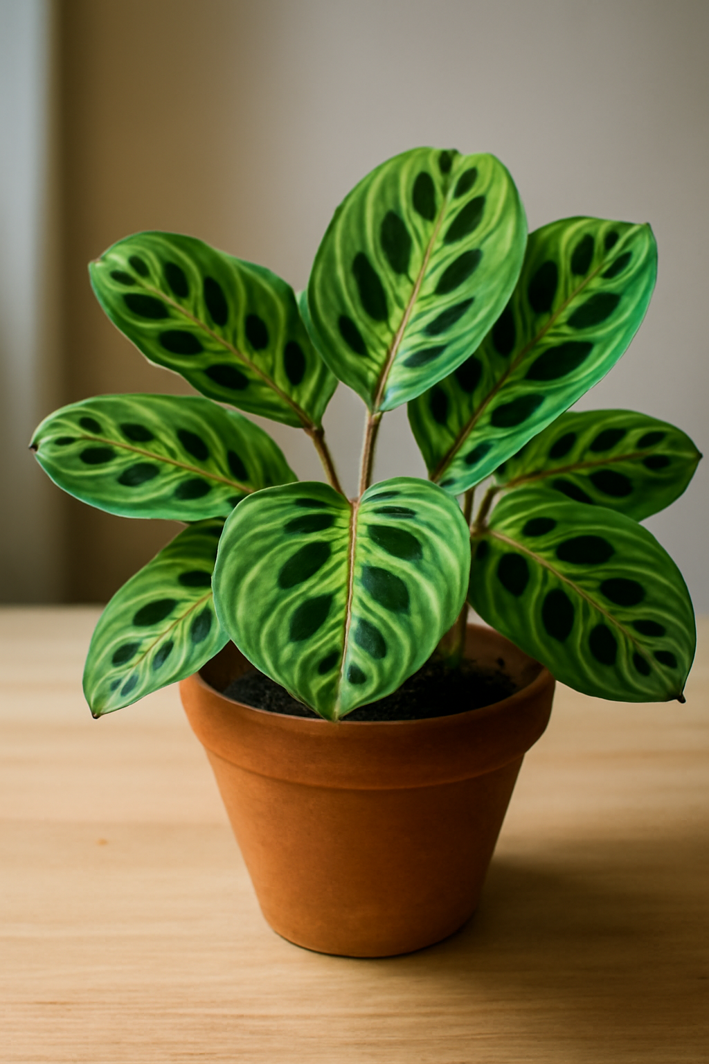 Egy gyönyörű Maranta növény, élénk zöld levelekkel, barna cserépben.