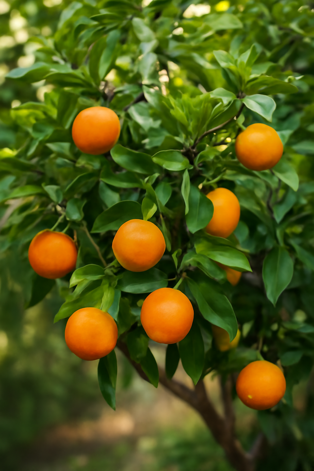 Érett narancsok egy zöld levelekkel borított narancsfán.
