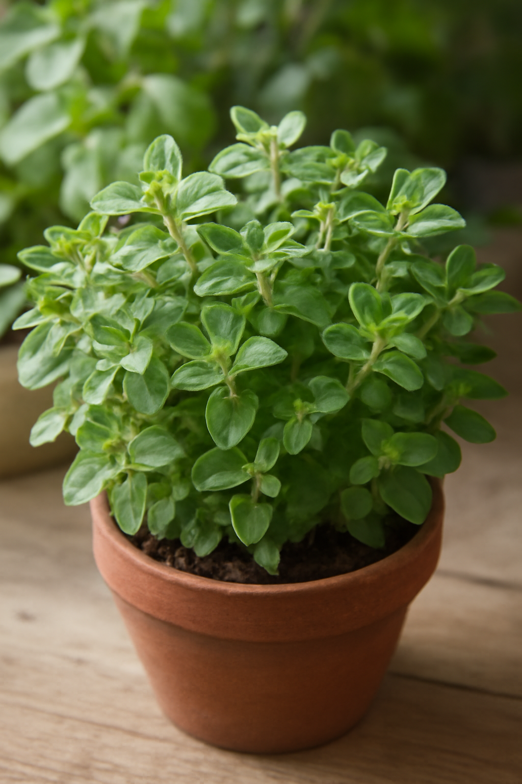 Friss oregánó növény cserépben, zöld levelekkel, természetes környezetben.