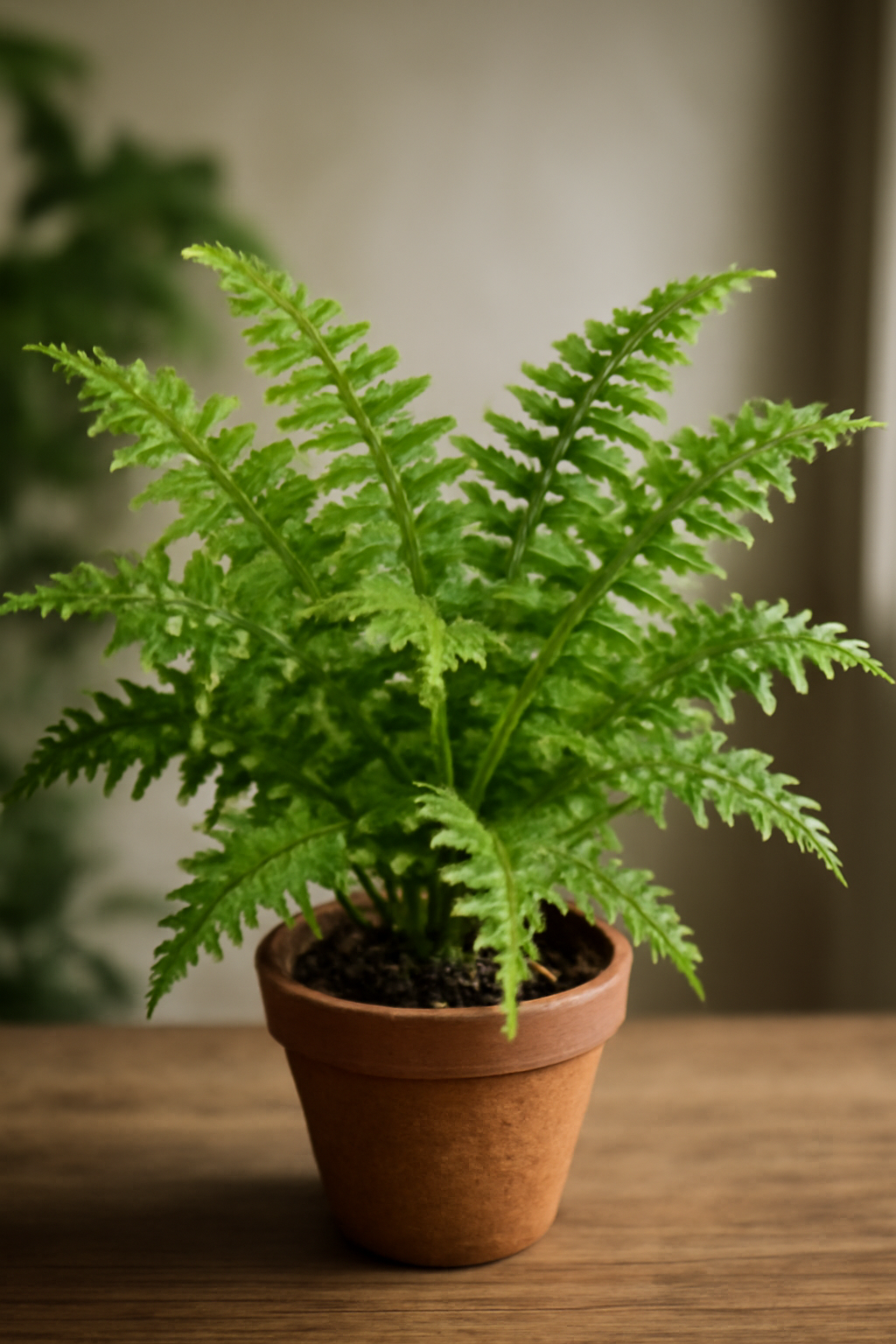 Zöld páfrány szobanövény terrakotta cserépben, árnyékos helyre ideális.