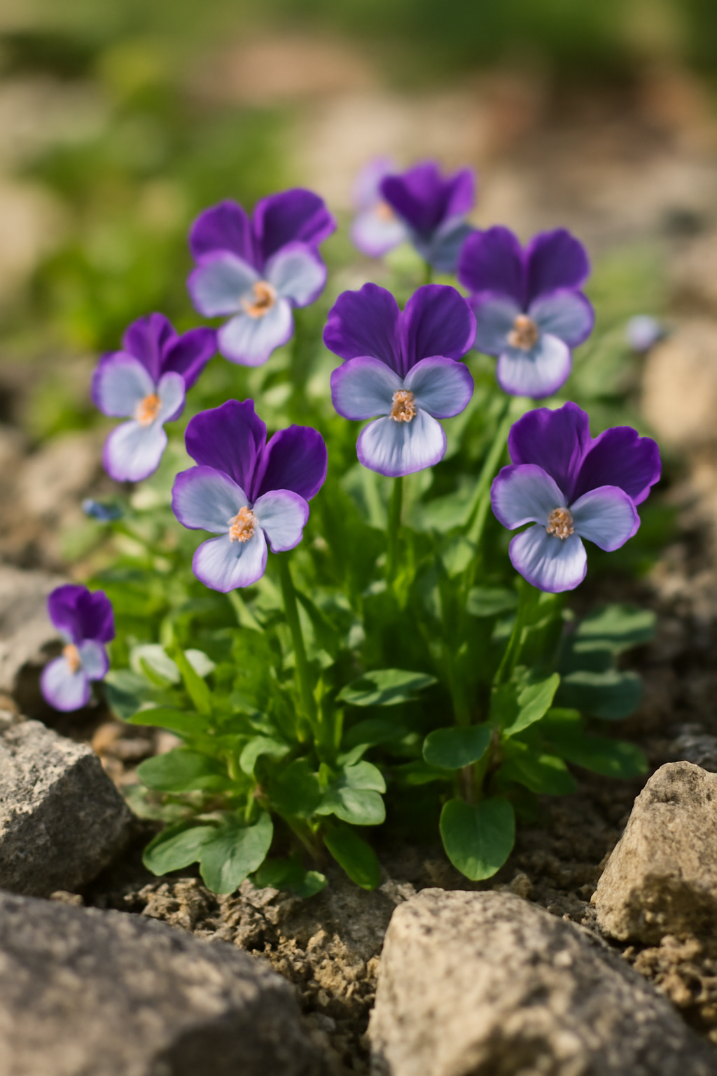 Pázsitviola virágok csoportja, lila és kék színben, sziklákkal körülvéve.