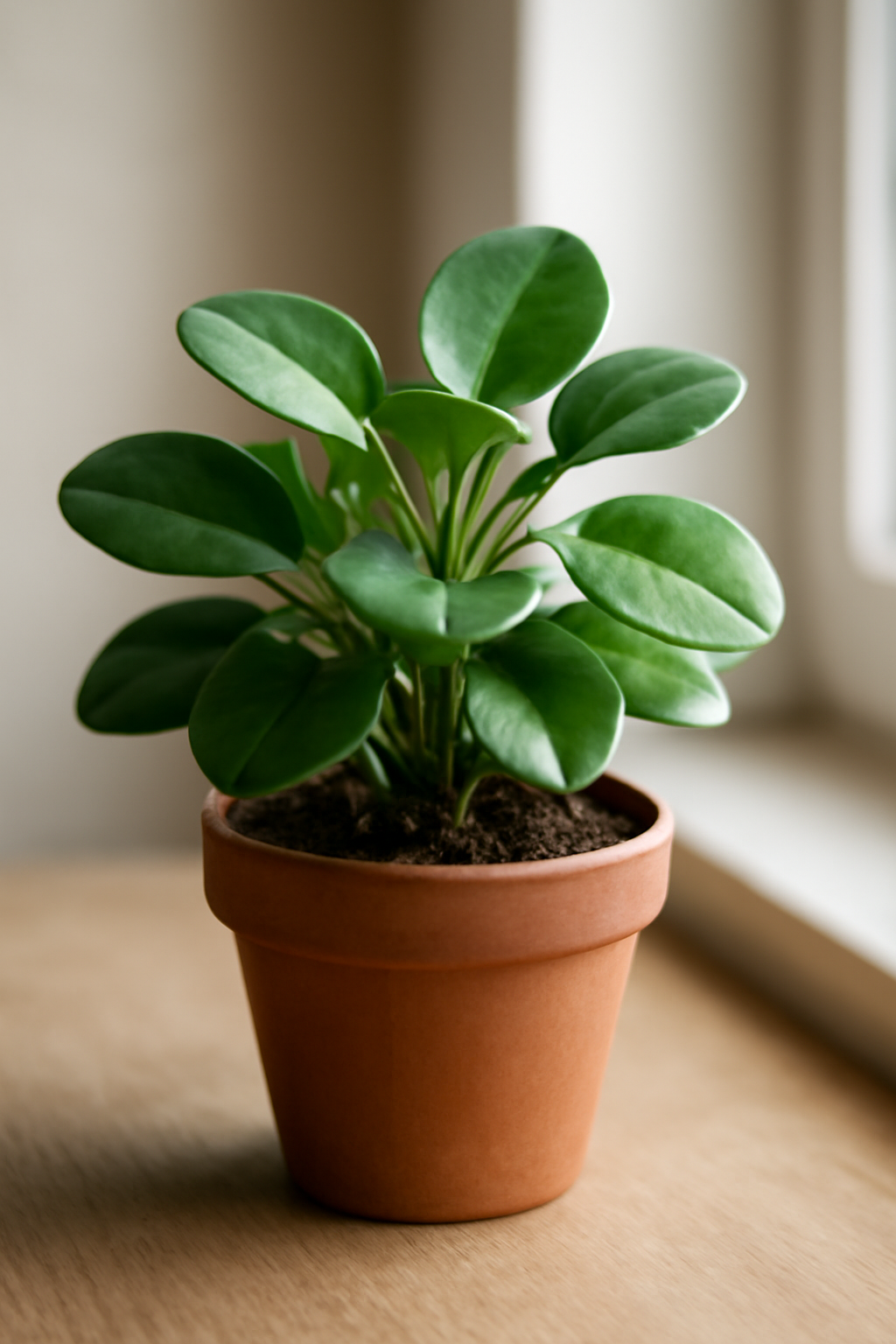 Egy egészséges Peperomia növény, zöld levelekkel, terrakotta cserépben.