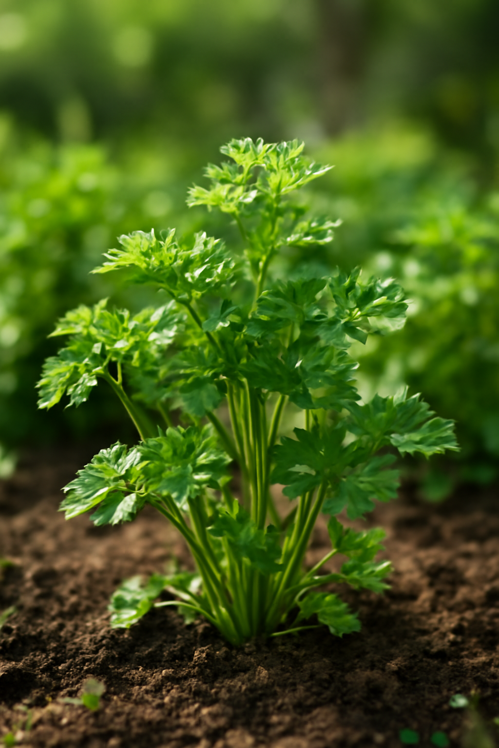 Friss petrezselyem növény zöld levelekkel, termékeny talajban.