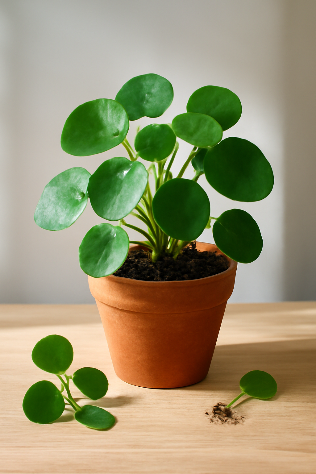 Egy egészséges Pilea növény zöld levelekkel, terrakotta cserépben, mellette levélhajtások.