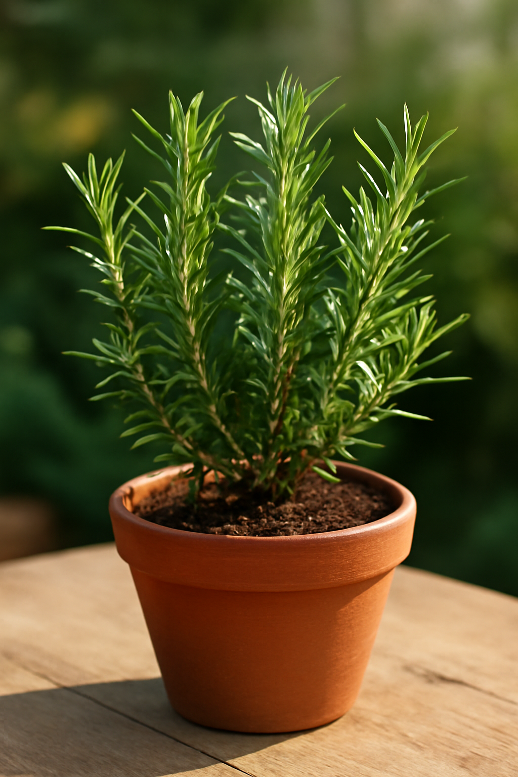 Egy egészséges rozmaring növény cserépben, zöld levelekkel.