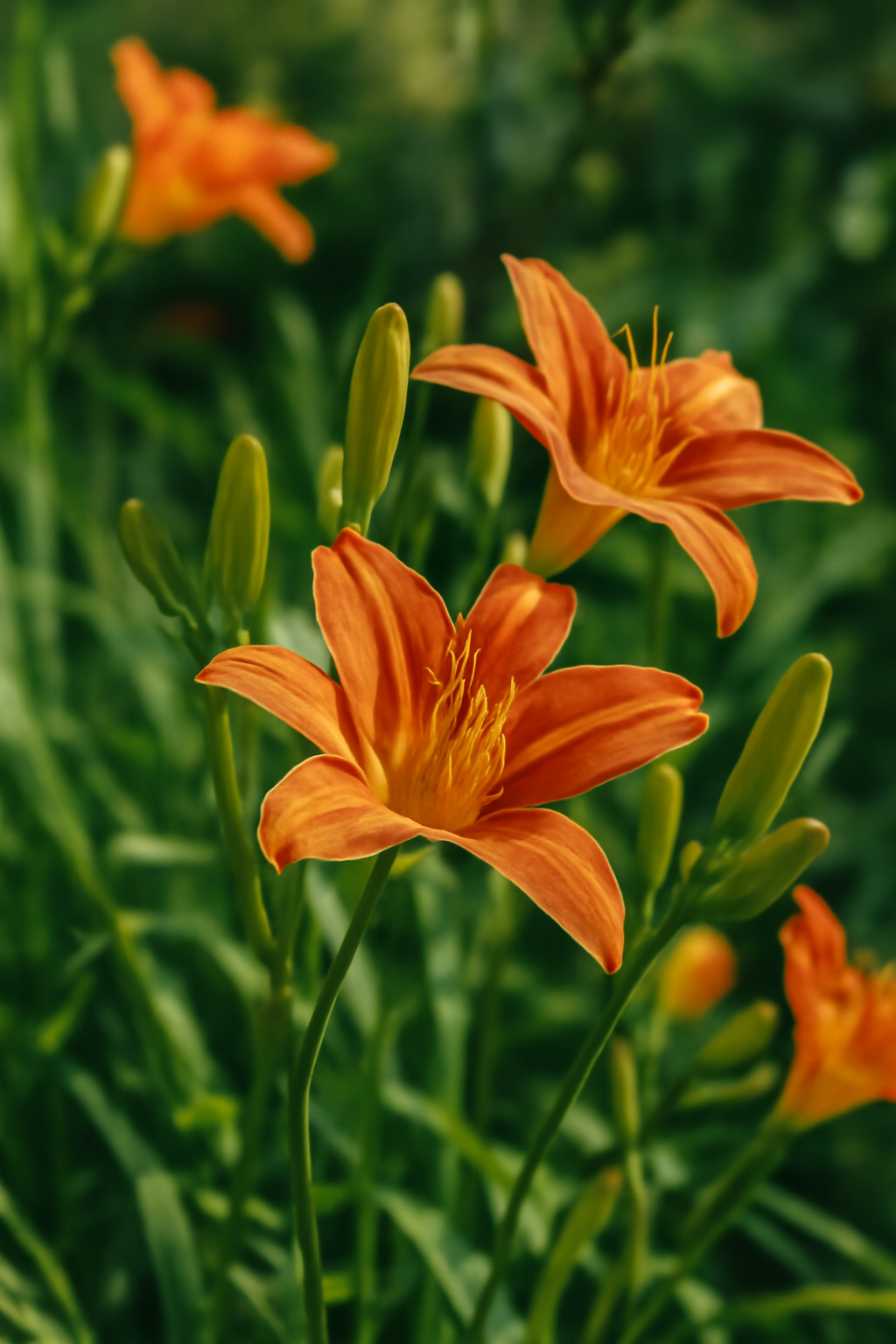 Sásliliom virágok élénk narancssárga színben, zöld levelek között.