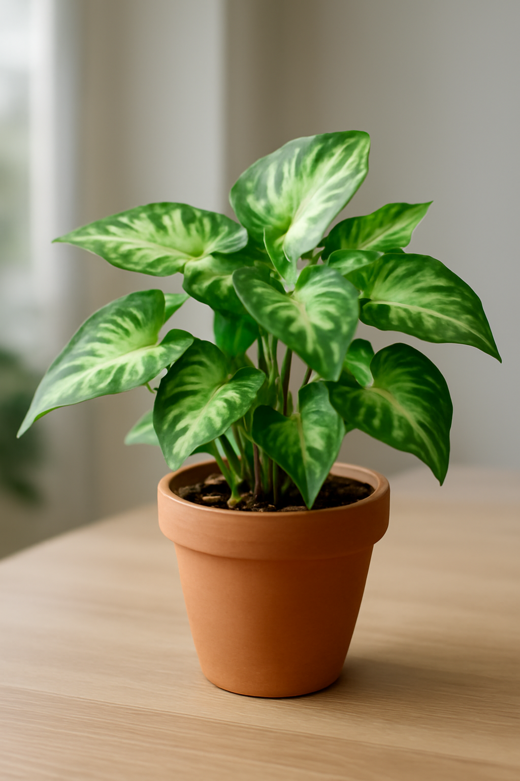 Egy zöld, dús Syngonium növény terrakotta cserépben, világos háttér előtt.