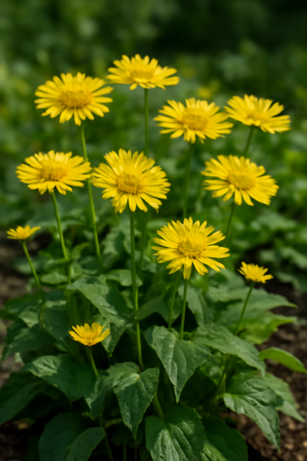 Sárga szarkaláb virágok csoportja, zöld levelekkel körülvéve, virágágyásban.