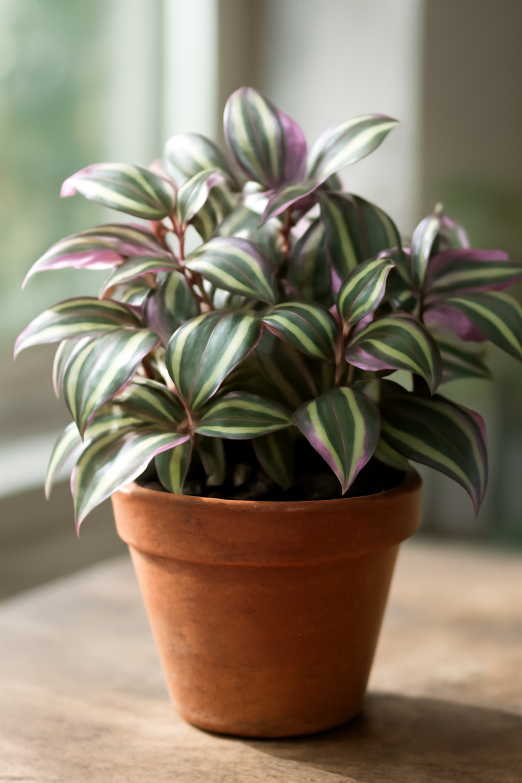 Egy színes Tradescantia növény, díszes levelekkel, terrakotta cserépben.